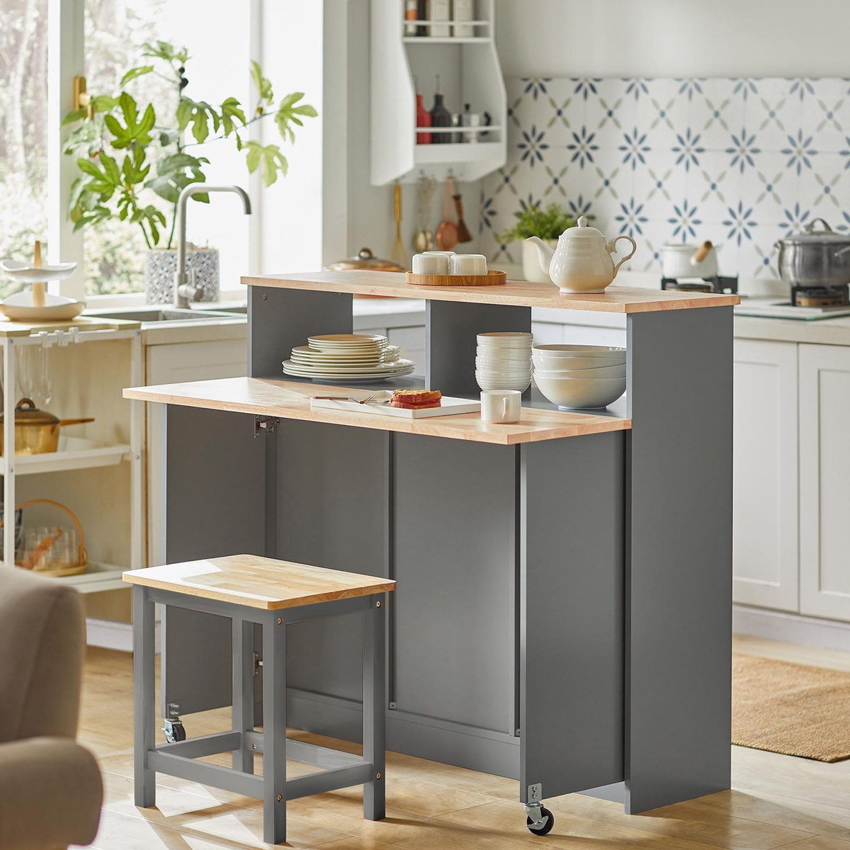 SOBUY Îlot de Cuisine avec Plans Rabattables Gris 110x68x97cm FSB36-HG