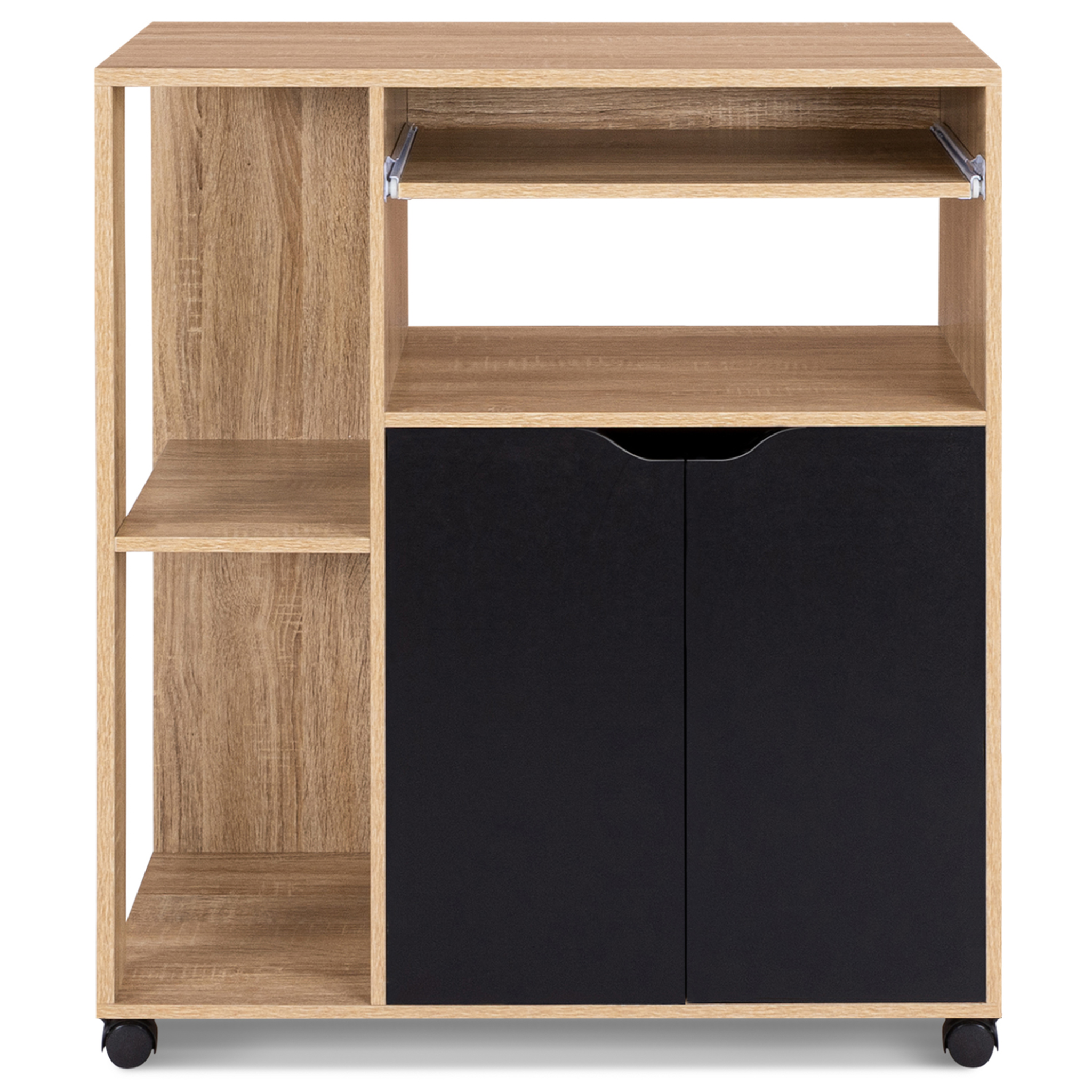 Voir la diapositive 3 : ID MARKET Desserte de cuisine cosi bois façon hêtre et portes noires l.76 cm