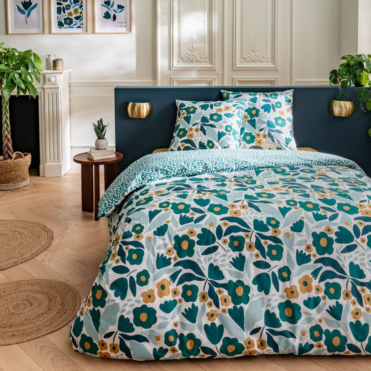 FUTURE HOME Parure de lit 2 personnes en coton 57 fils imprimé vert