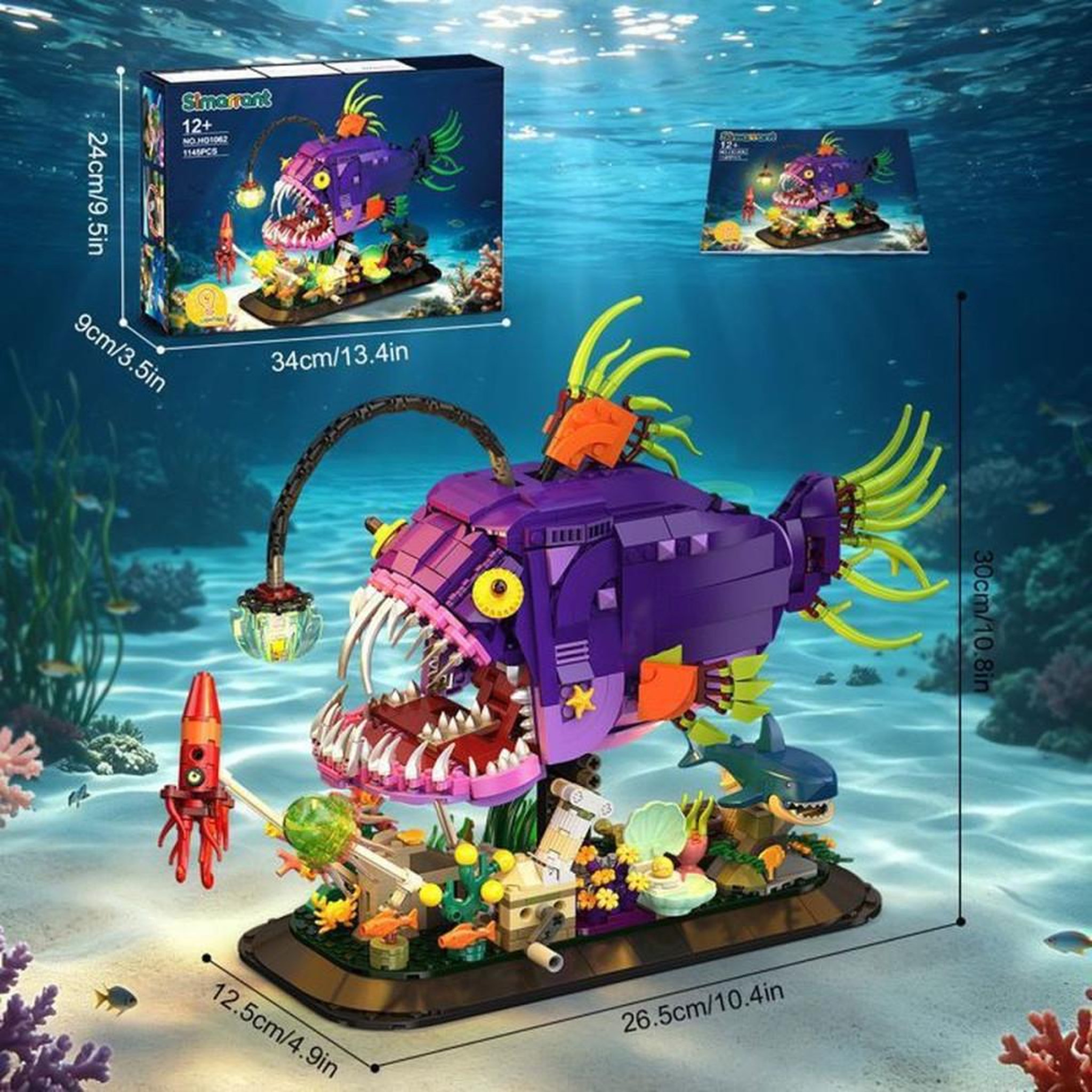 Voir la diapositive 6 : Ensemble de blocs de construction poisson-lanterne avec lumières et manivelle 1145 pièces, modèle animé du fond marin