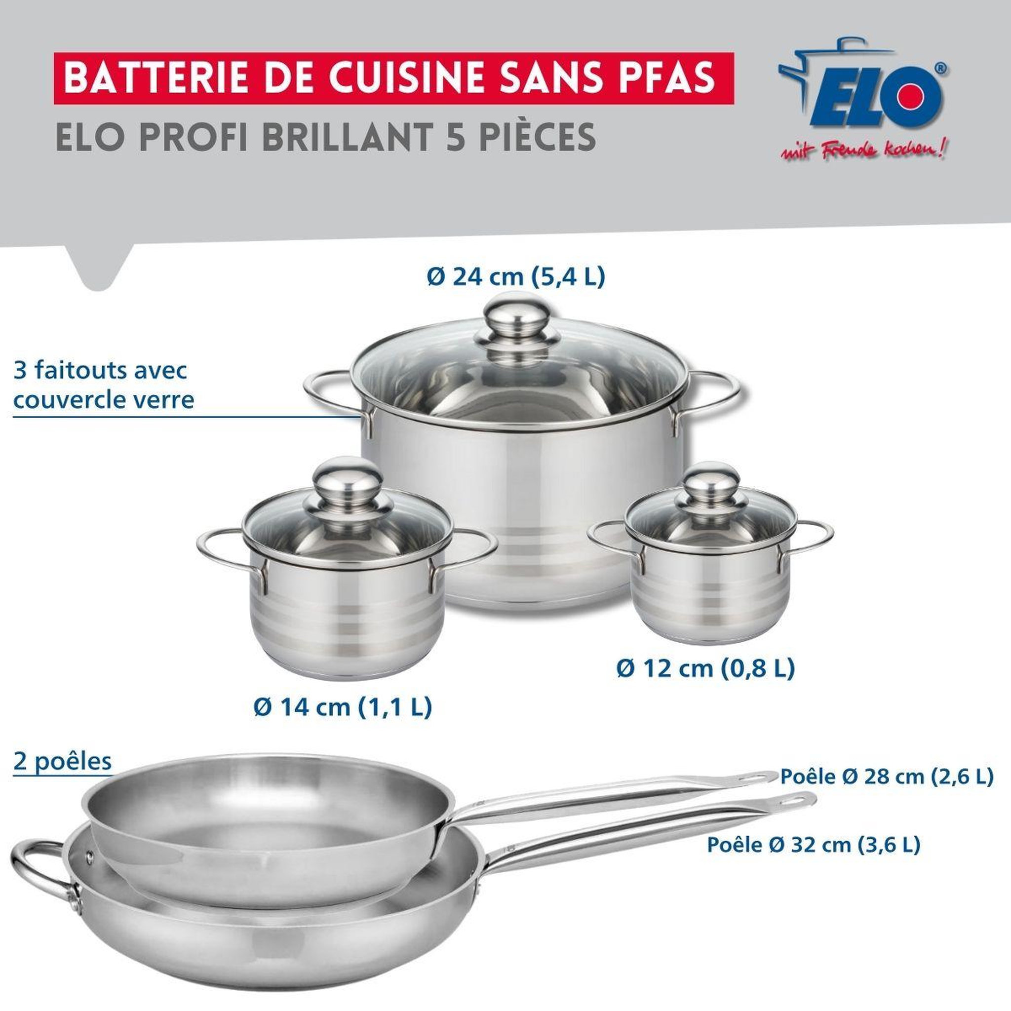 Voir la diapositive 2 : ELO Ensemble de 2 poêles de cuisson 28 et 32 cm et 3 faitouts 12, 14 et 24 cm elo profi brillant