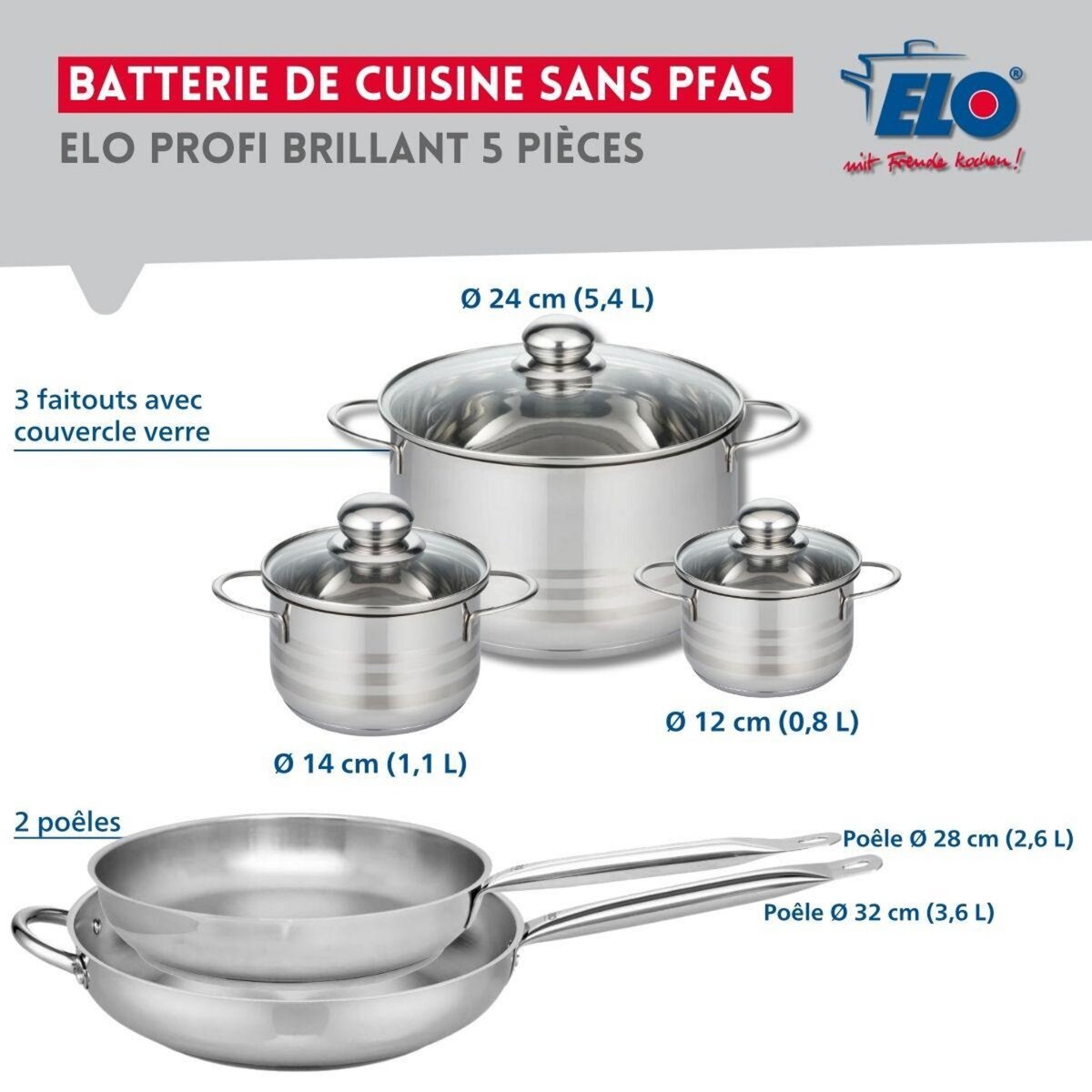 ELO Ensemble de 2 Poêles de cuisson 28 et 32 cm et 3 faitouts 12, 14 et 24 cm Elo Profi Brillant