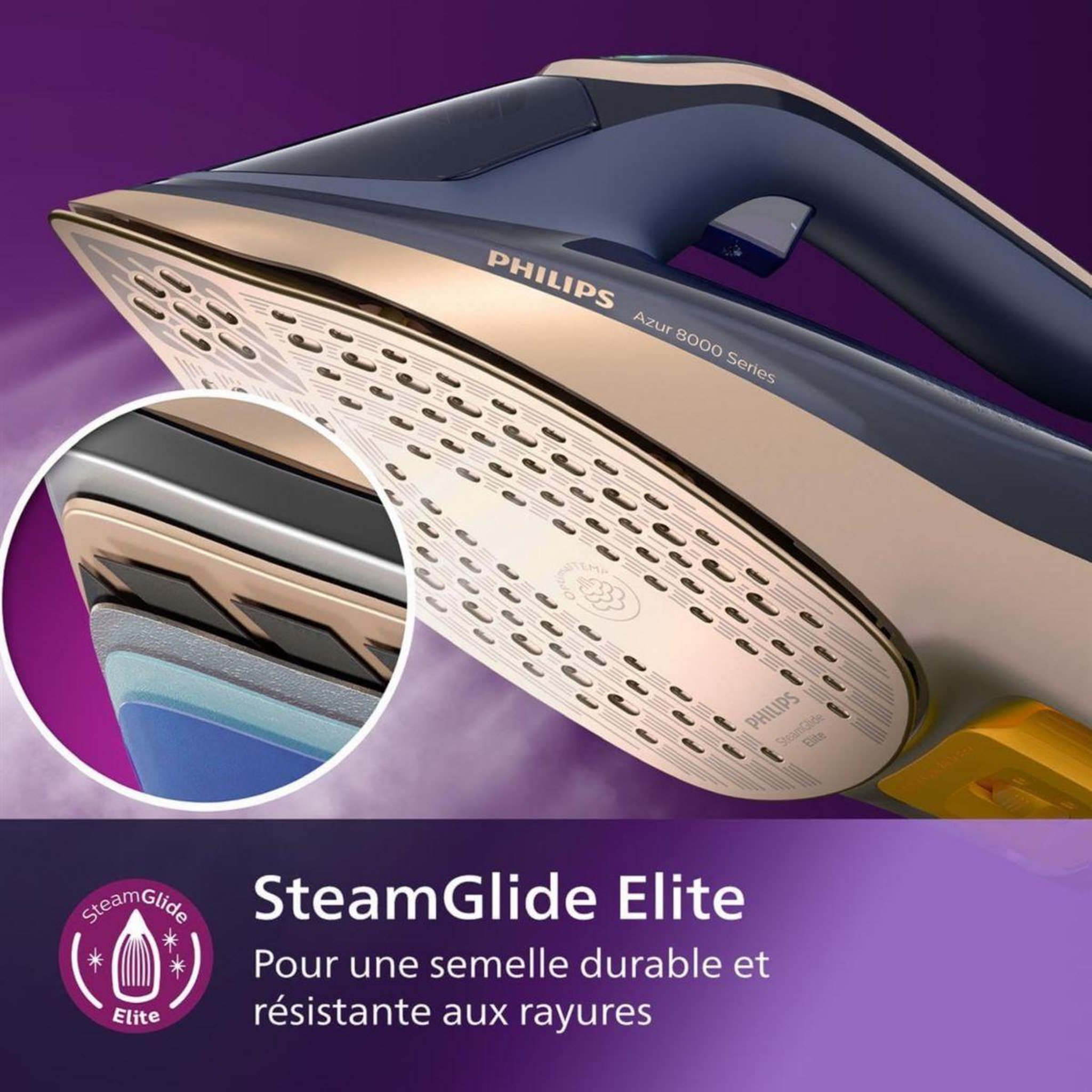 Voir la diapositive 5 : Philips Fer à repasser dst8050/20​ fer à vapeur série 8000 bleu foncé/doré, 3000w