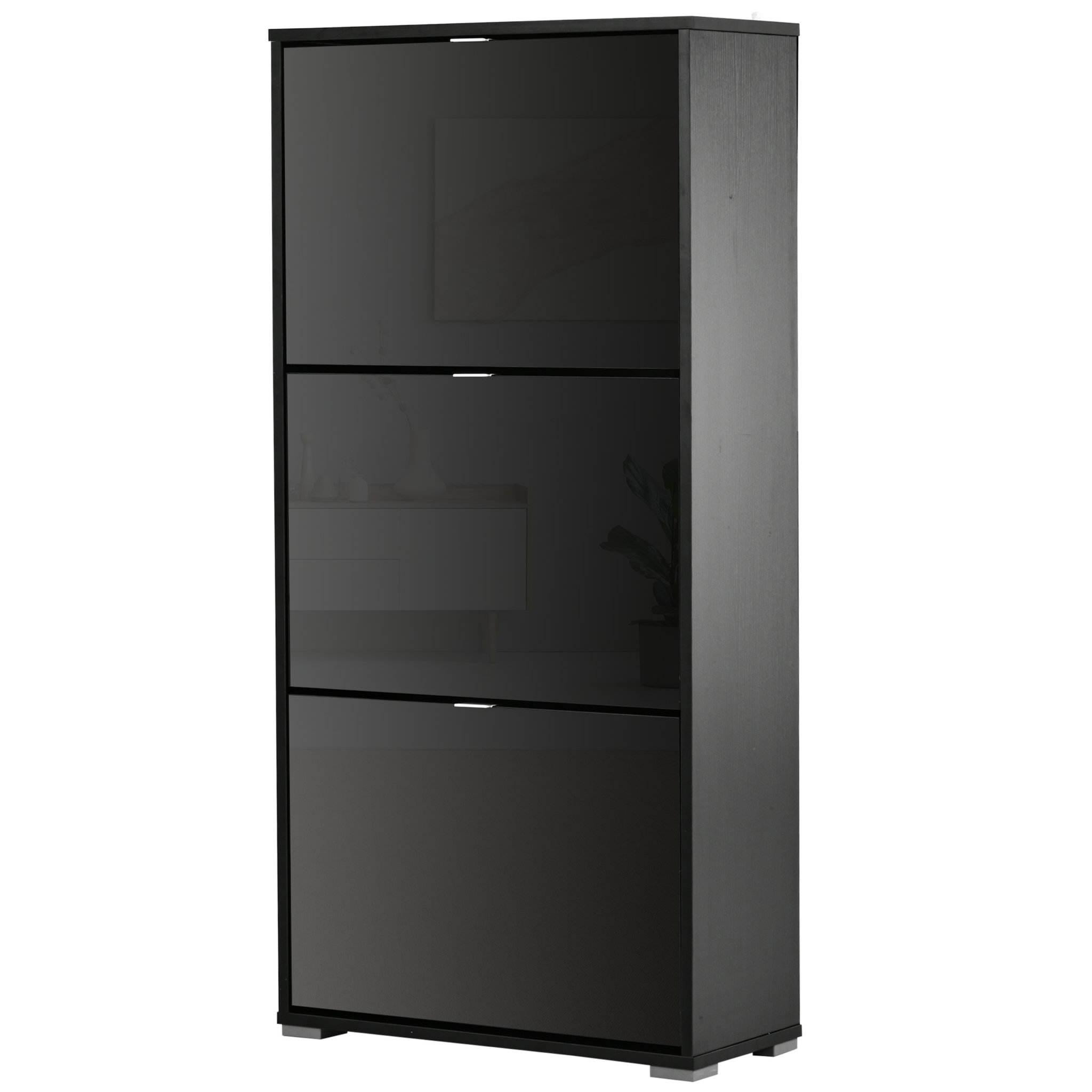 Voir la diapositive 1 : HOMCOM Meuble à chaussures 3 portes abattantes 3 compartiments MDF noir laqué