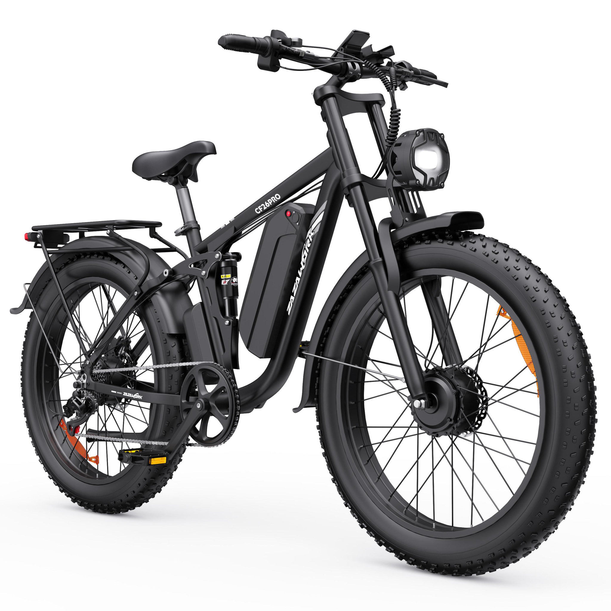 Voir la diapositive 3 : ZAZAWORK Vélo électrique ZAZAWORK CF26 PRO 26  à gros pneus et suspension intégrale, noir