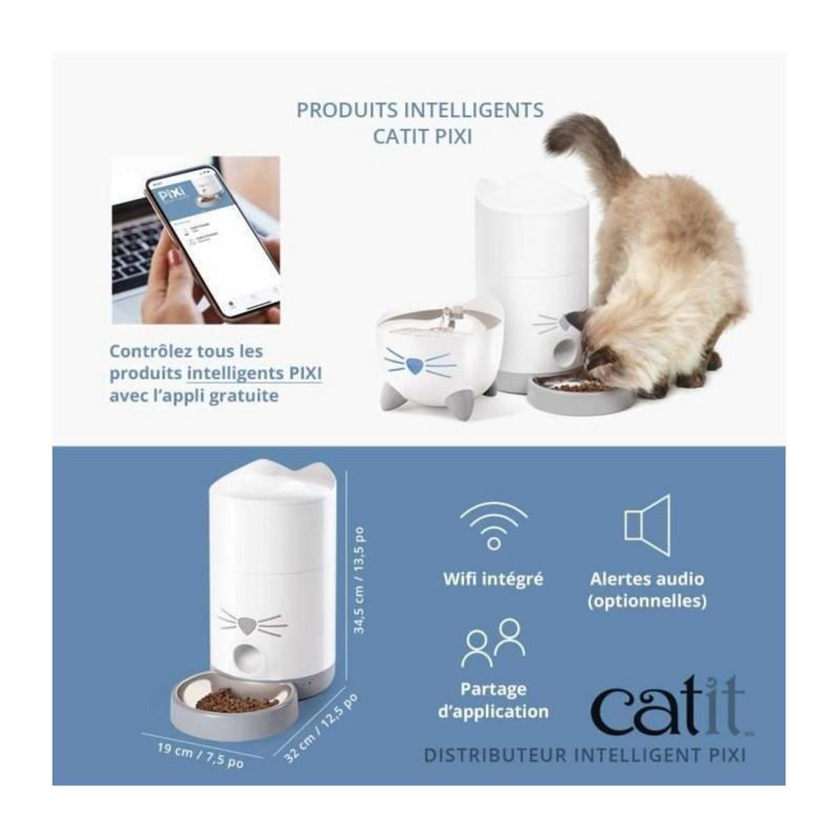 Cat'it CATIT - PIXI Distributeur de croquettes connecté pour chat - 1,2 kg (contrôlé par une application)