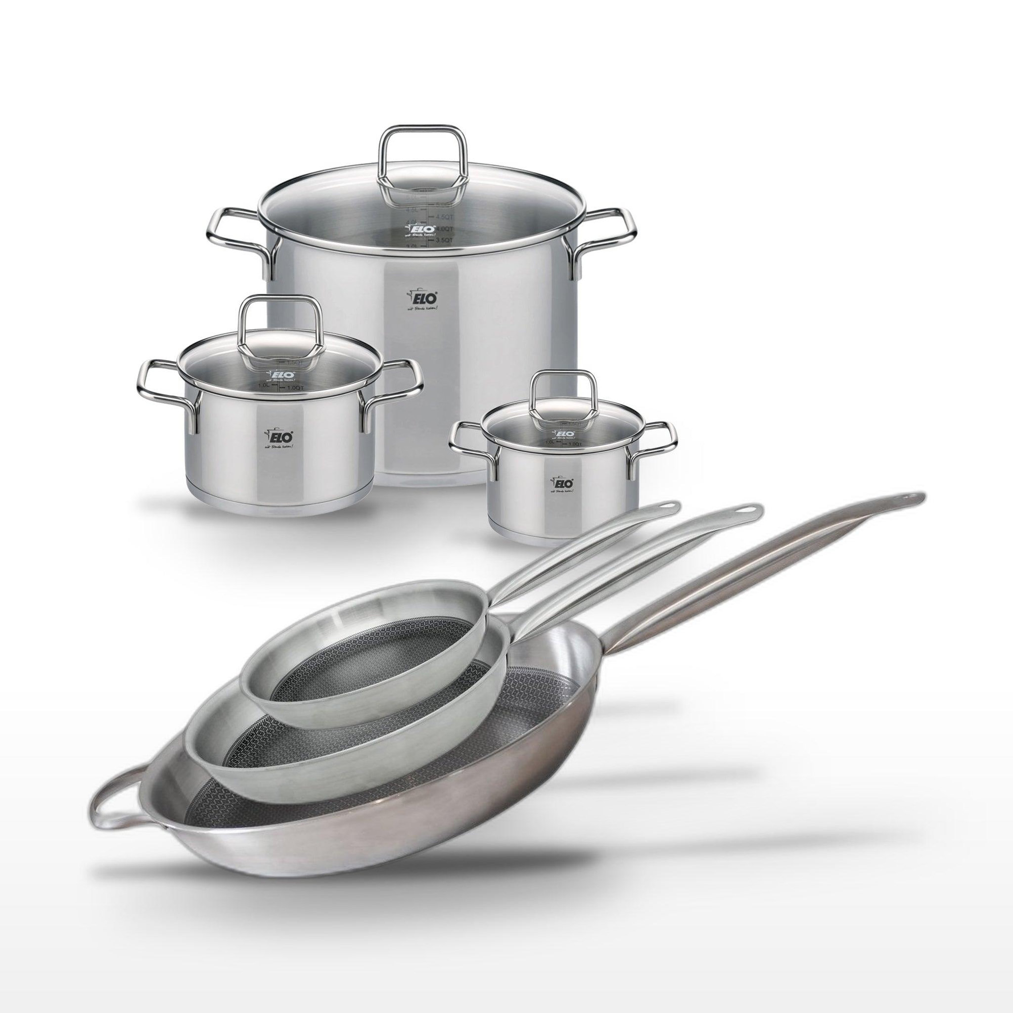 Voir la diapositive 1 : ELO Batterie de cuisine avec 3 poêles 24/28/32 cm et 3 faitouts 16/20/26 cm en inox avec 6 ustensiles de cuisine Elo Collection Relief Solution Citrin