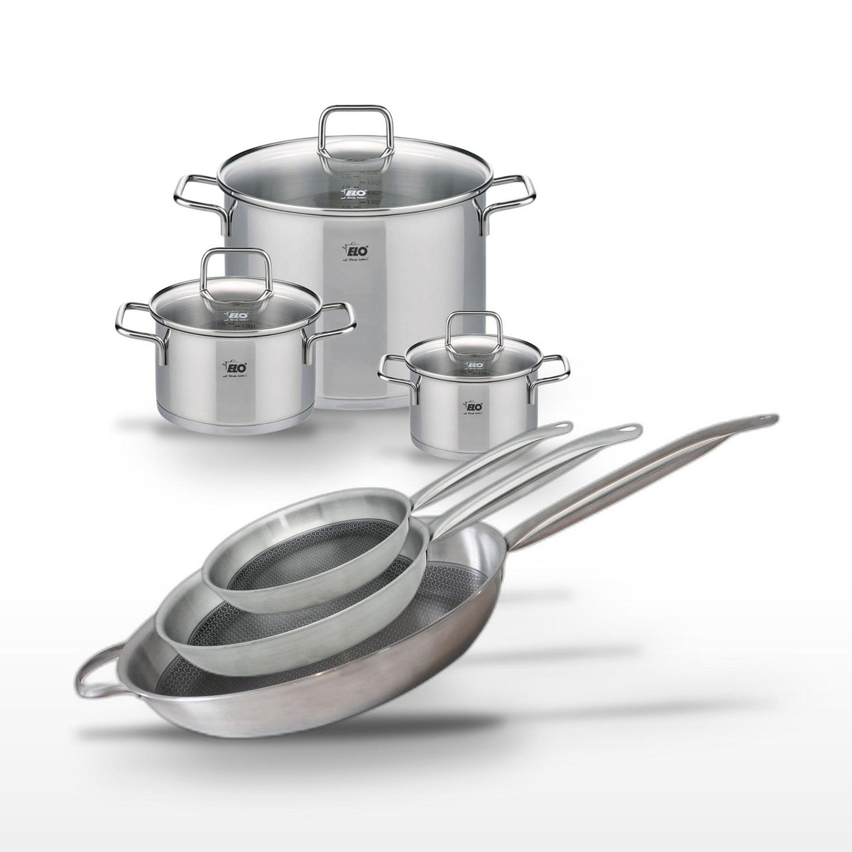 ELO Lot de 3 Poêles Elo Relief Solution 24/28/32cm et 3 Faitouts Elo Citrin 16/20/26cm