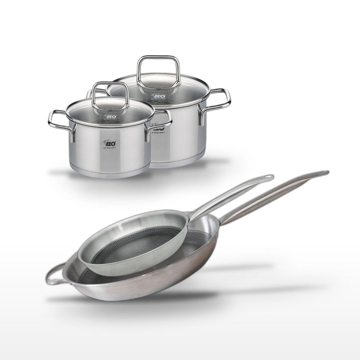 ELO Lot 2 Poêles 32/28 cm et 2 Faitouts 14/12 cm Elo Relief Solution