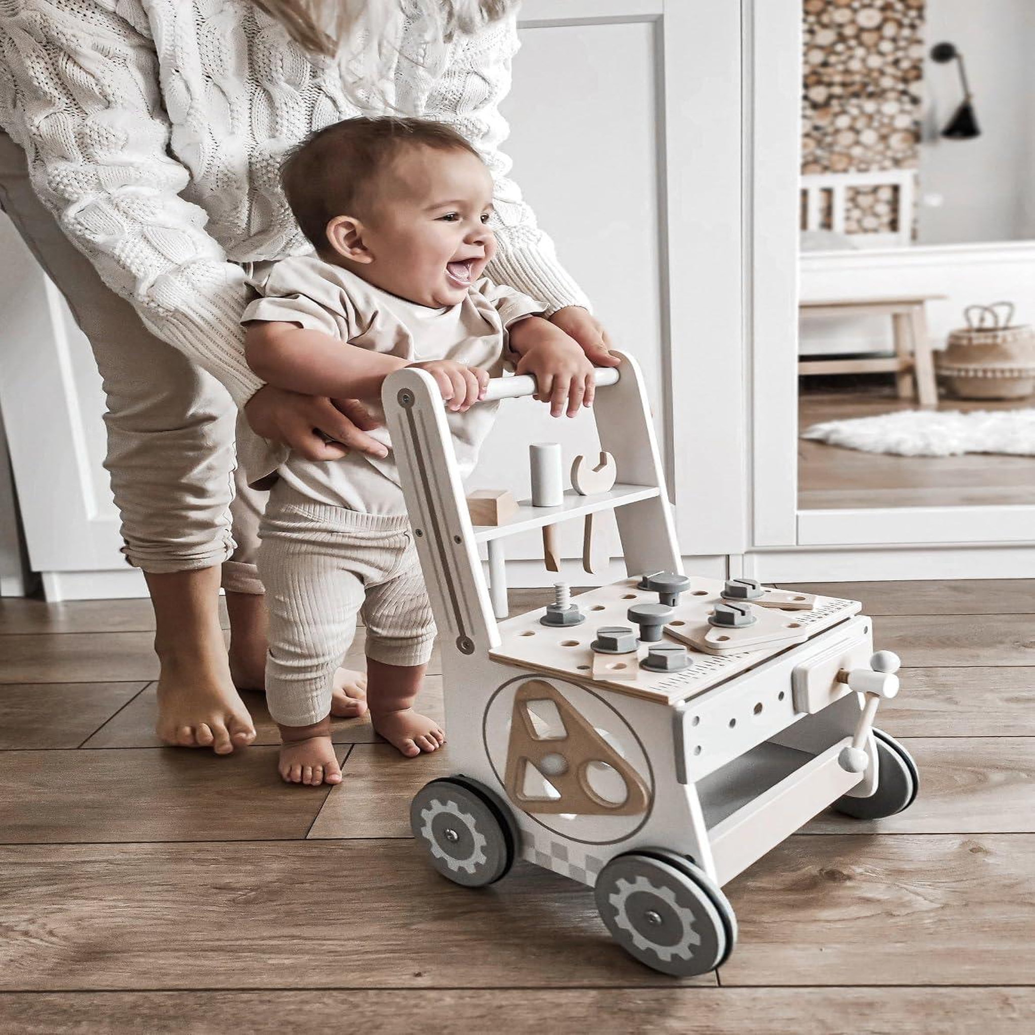 Voir la diapositive 2 : MAMABRUM Établi Enfant Atelier Bois, 3 en 1 Trotteur Bébé Multifonction, Pousse Pousse avec Barre & Roues