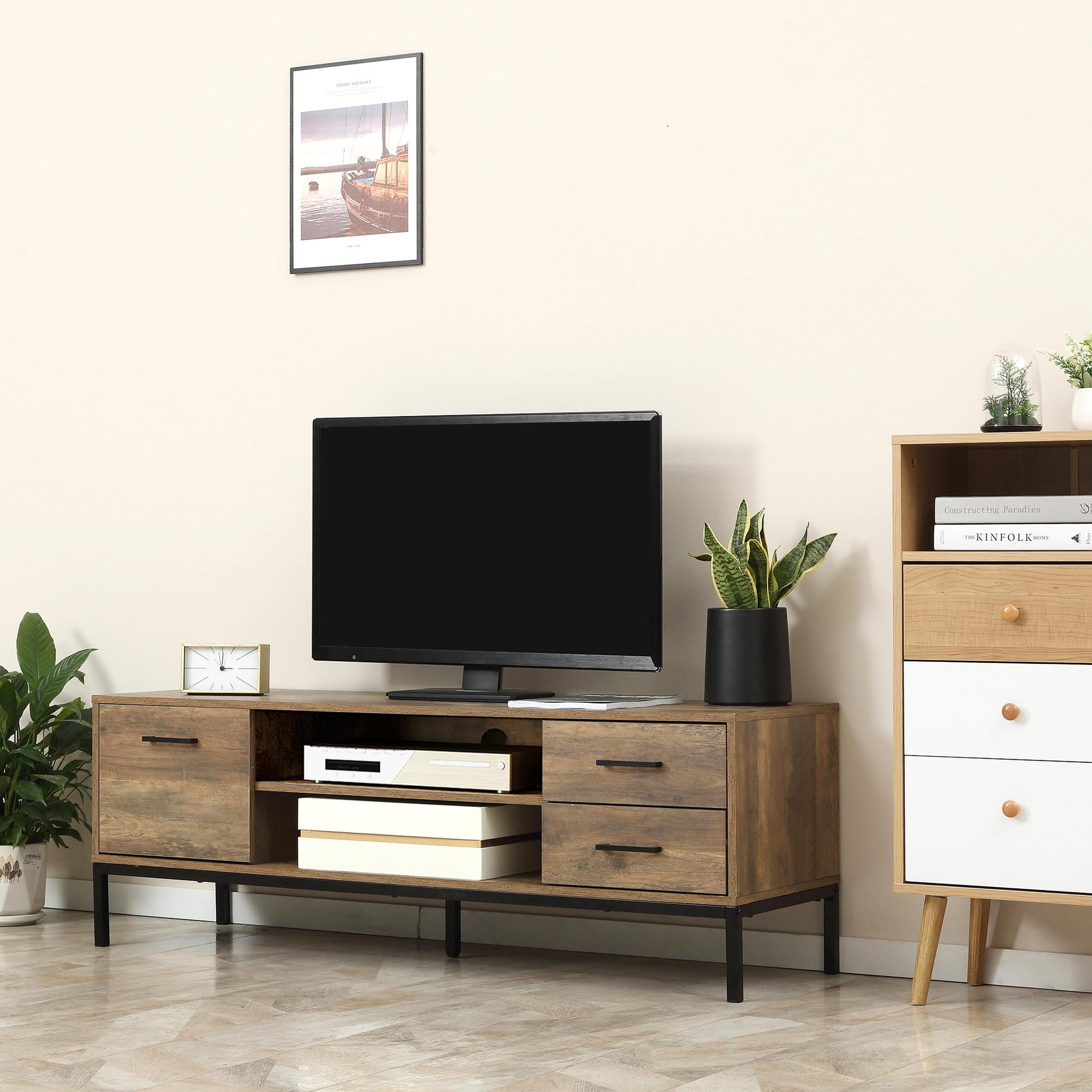 Voir la diapositive 2 : HOMCOM Meuble TV banc TV design industriel - porte, 2 tiroirs, 2 niches - piètement acier noir - aspect bois de manguier