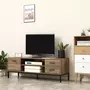 HOMCOM Meuble TV banc TV design industriel - porte, 2 tiroirs, 2 niches - piètement acier noir - aspect bois de manguier