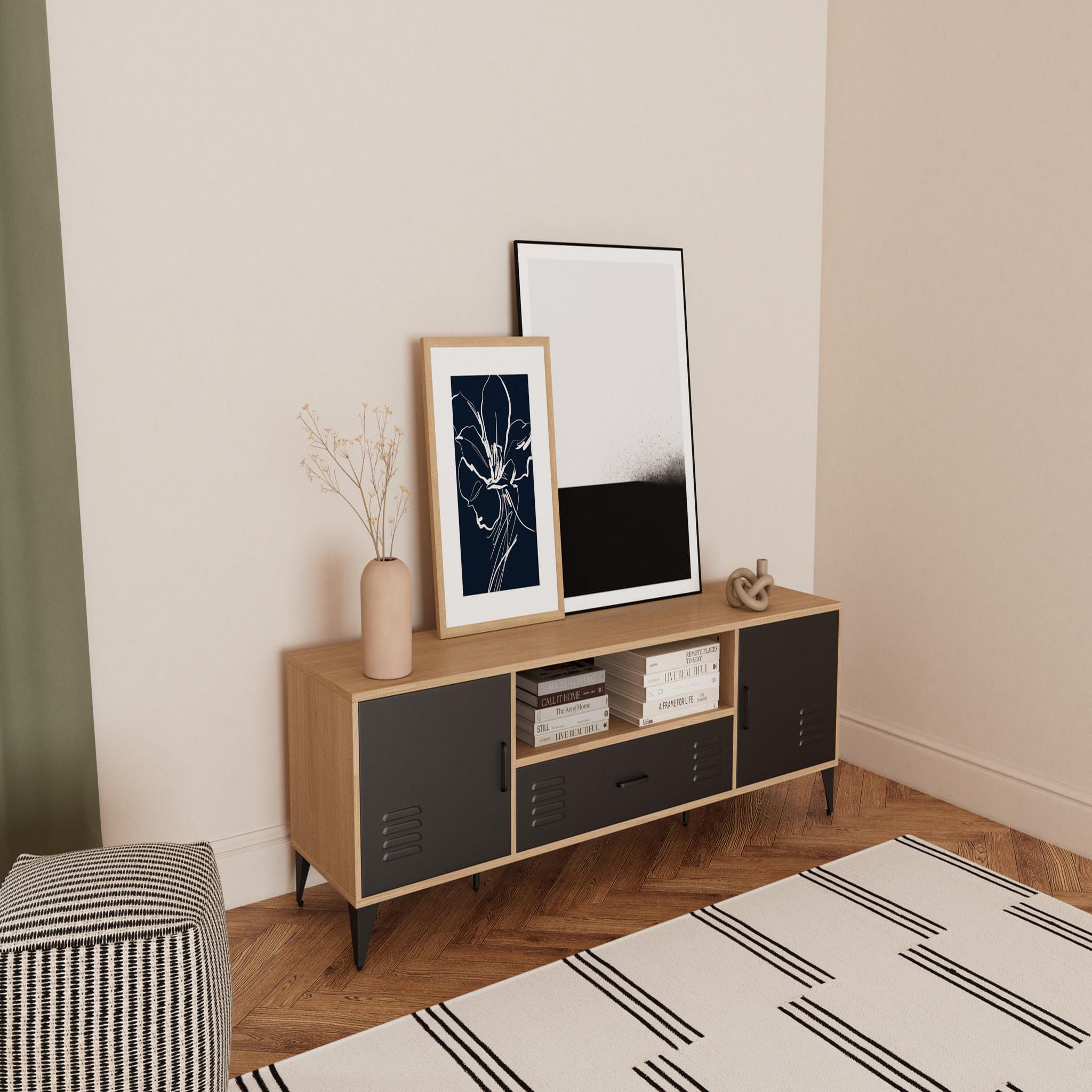 BEST MOBILIER Tribeca - meuble tv - effet bois et métal noir - 2 portes et 1 tiroir - 160 cm. Coloris disponibles : Marron