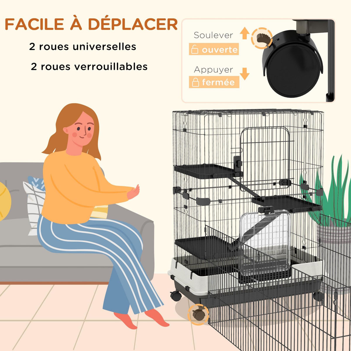 PAWHUT Cage pour petits animaux roulante 3 plates-formes démontables 3 rampes plateau inférieur amovible métal PP 182 x 81 x 114 cm noir