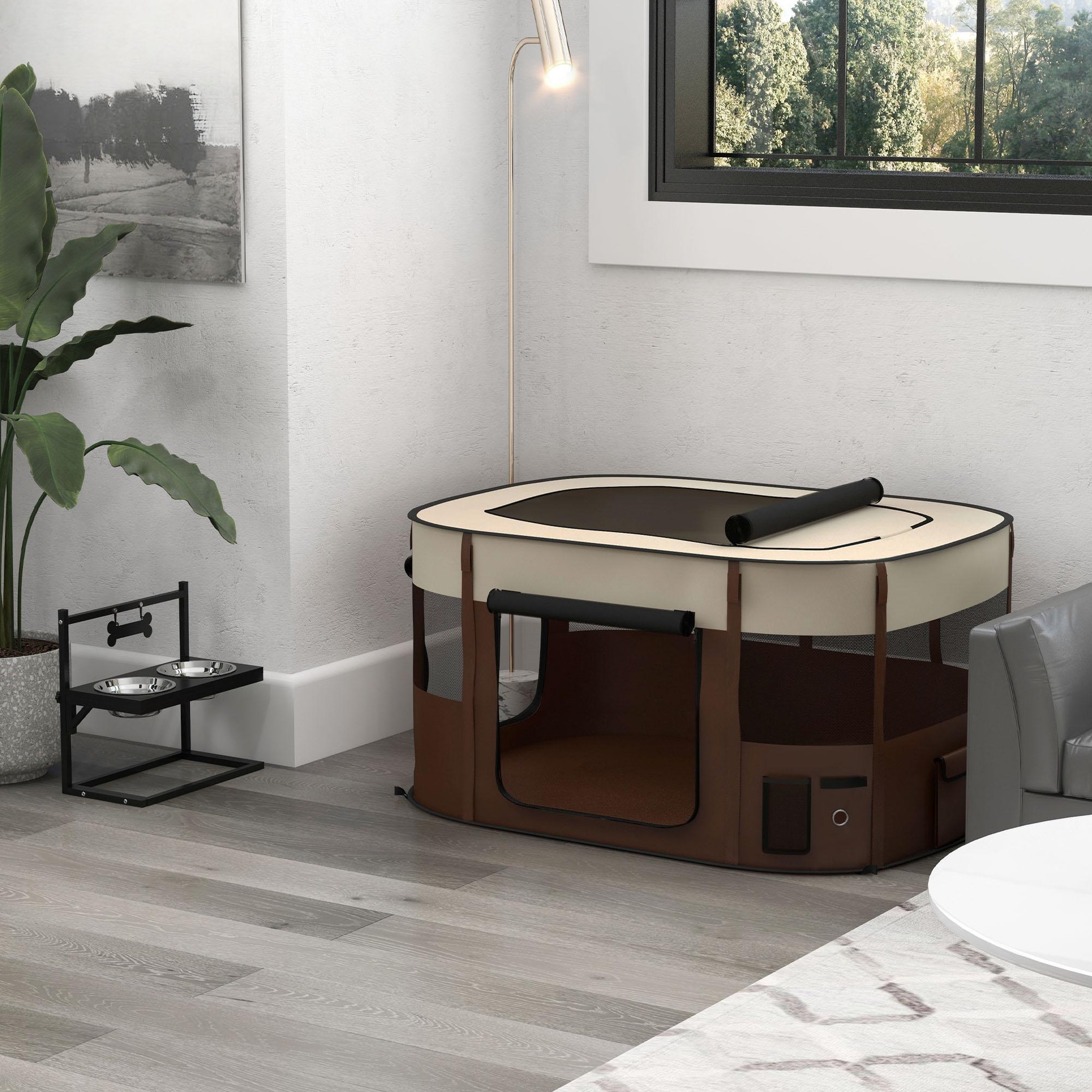 Voir la diapositive 2 : PAWHUT Parc pliable pour chien en tissu oxford - fenêtres, portes en maille - sac de rangement - marron