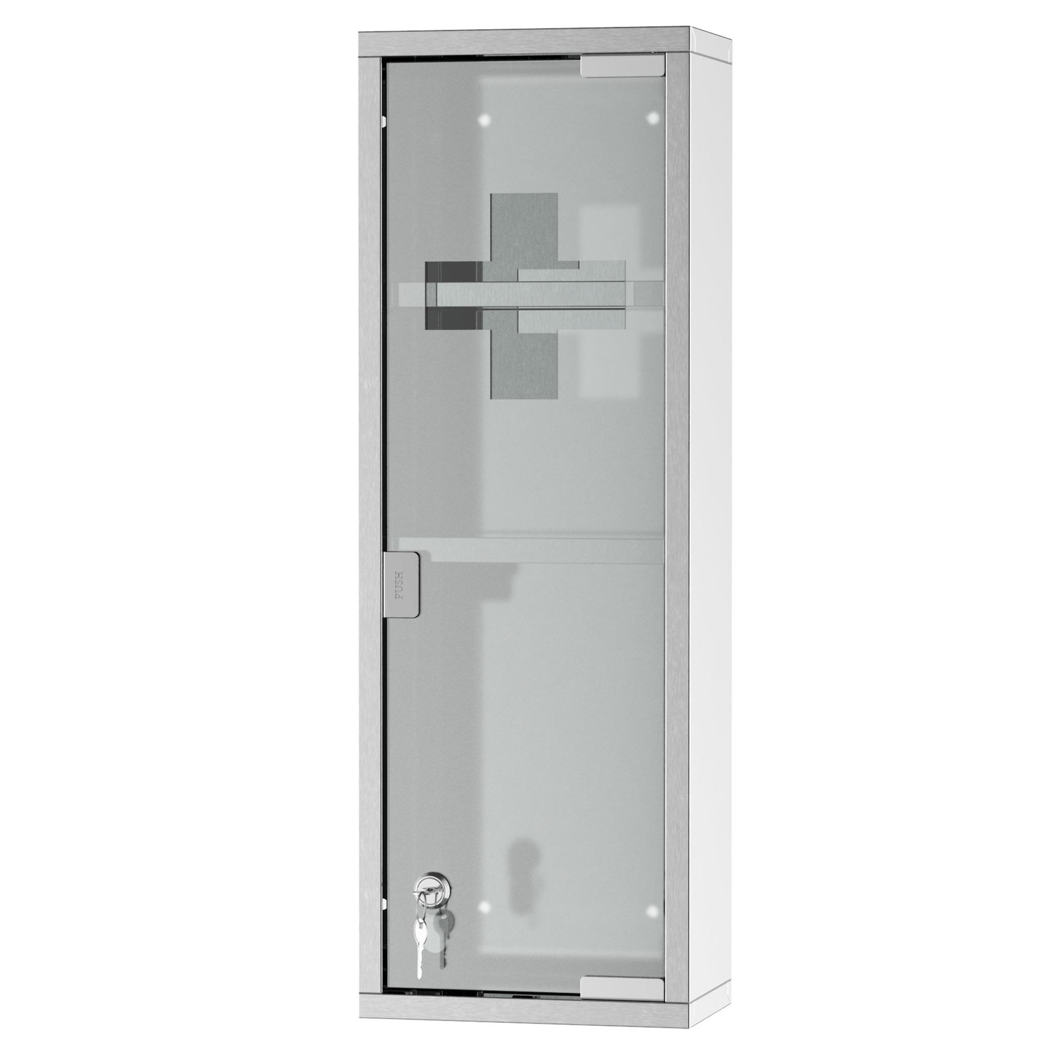 KLEANKIN Armoire à pharmacie 2 étagères 3 niveaux 20l x 12l x 58h cm porte verre trempé symbole croix acier inox.