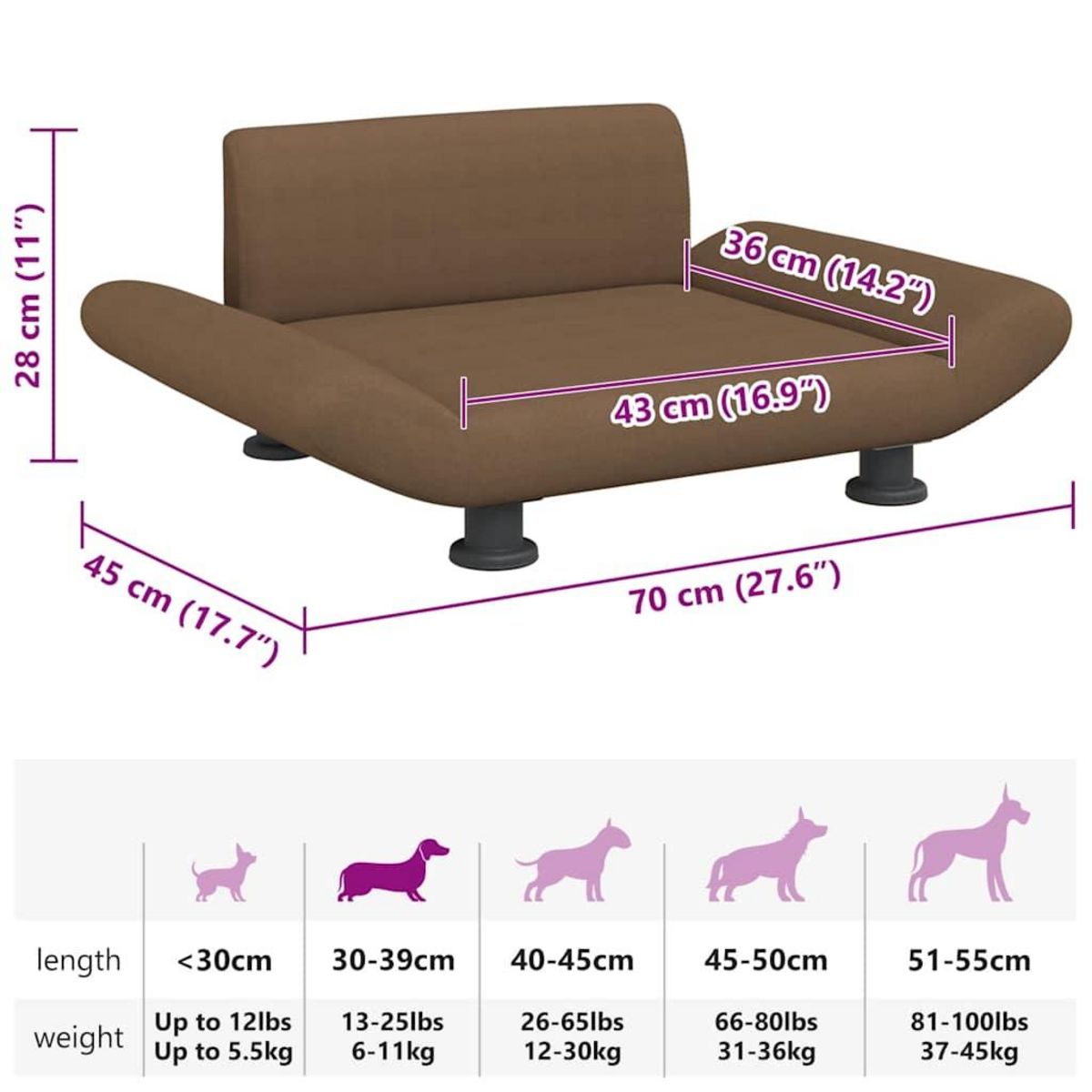 VIDAXL Lit pour chien marron 70x45x28 cm tissu