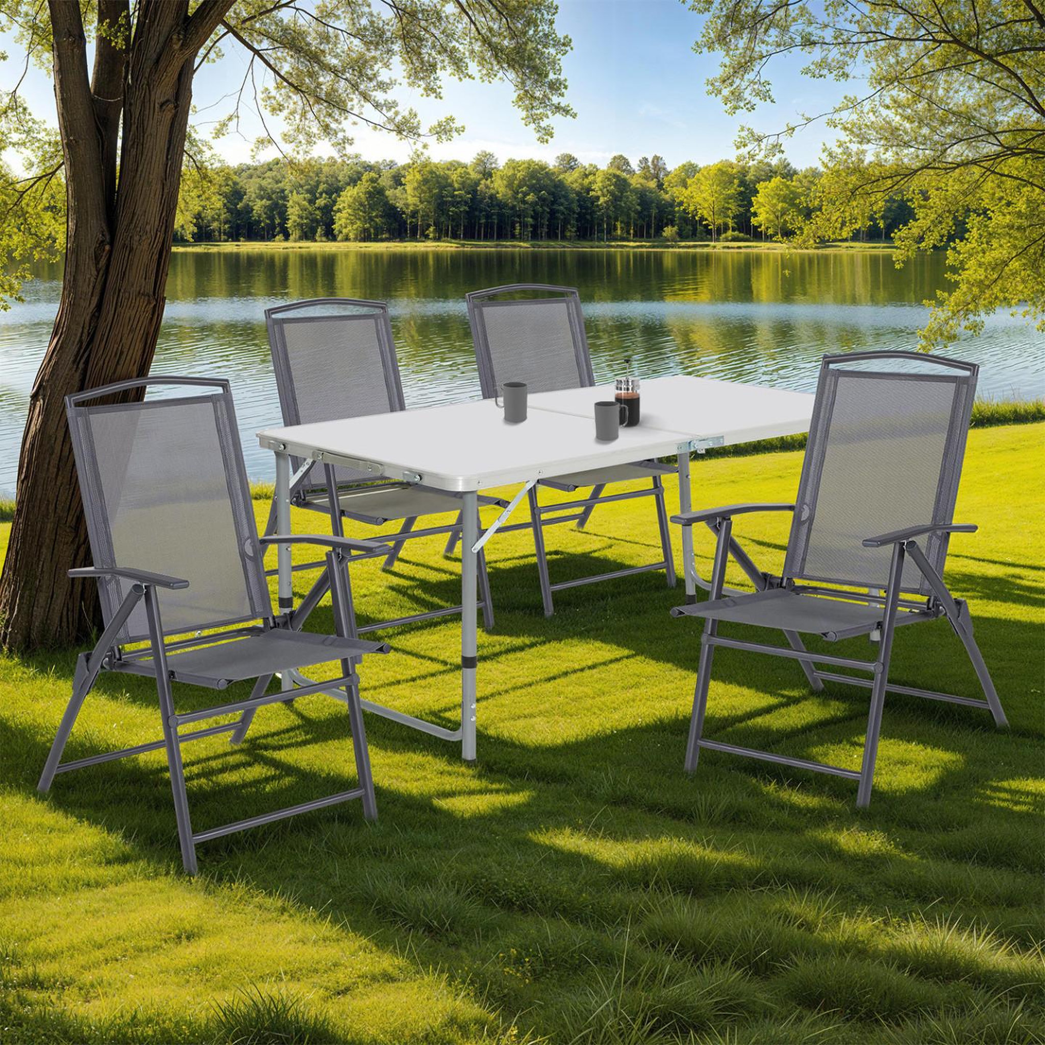 Voir la diapositive 2 : ID MARKET Lot de 4 chaises de jardin pliantes avec accoudoirs ALGHERO métal et textilène gris anthracite