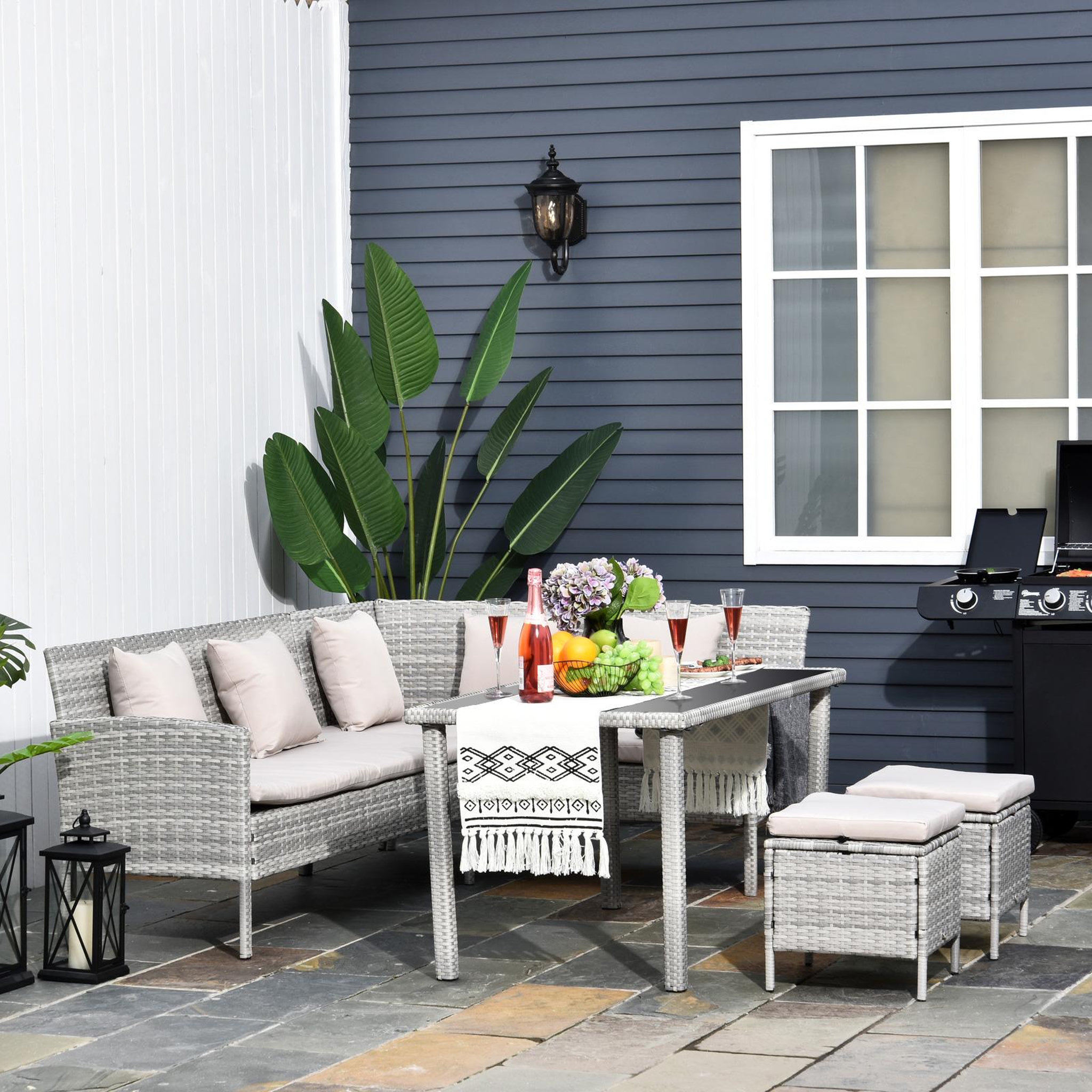 Voir la diapositive 4 : OUTSUNNY Salon de jardin 6 pers. Grand confort canapé d'angle + 2 poufs + table à manger 9 coussins assise & dossier fournis résine tressée grise