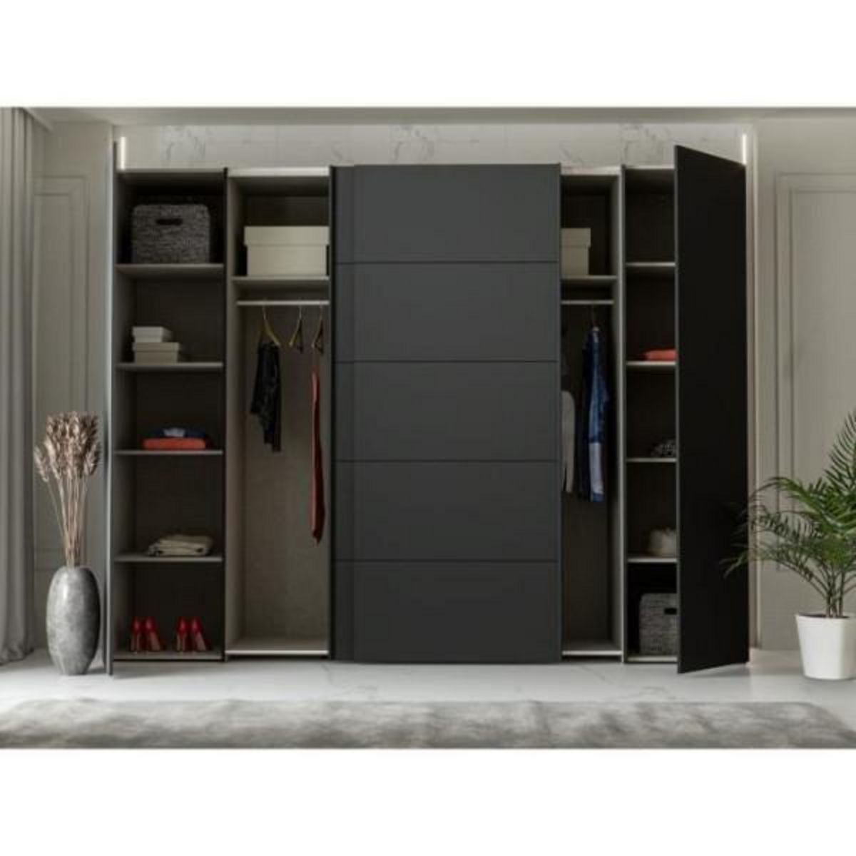 MARKET24 Armoire de chambre - NARAGO - Noir / Blanc - 2 portes battantes, 2 portes coulissantes - 270,3 x 61,2 x 210,5 cm