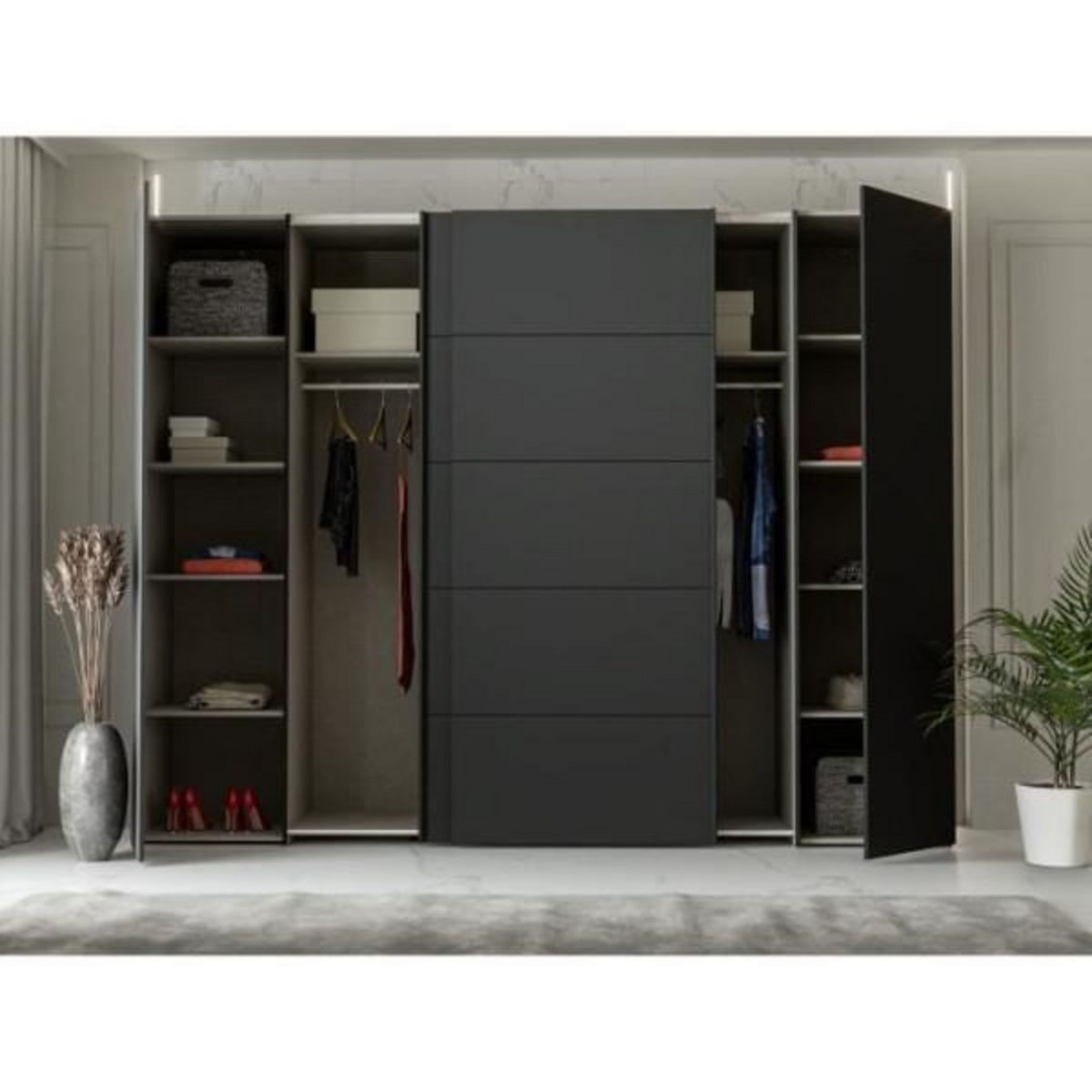 MARKET24 Armoire de chambre - NARAGO - Noir / Blanc - 2 portes battantes, 2 portes coulissantes - 270,3 x 61,2 x 210,5 cm