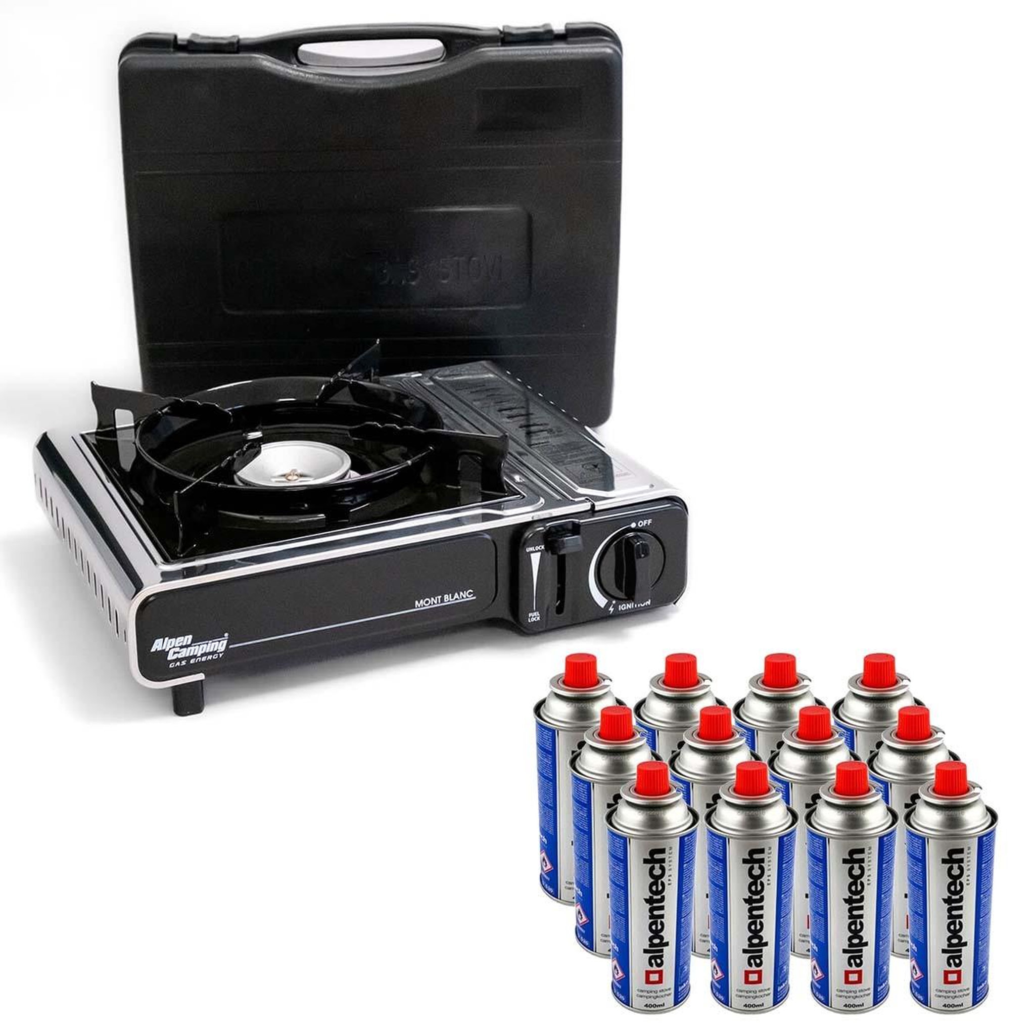 Voir la diapositive 1 : ALPENTECH Réchaud à gaz INOX 2200W MONT BLANC + 12 Cartouches de gaz Camping ALPEN
