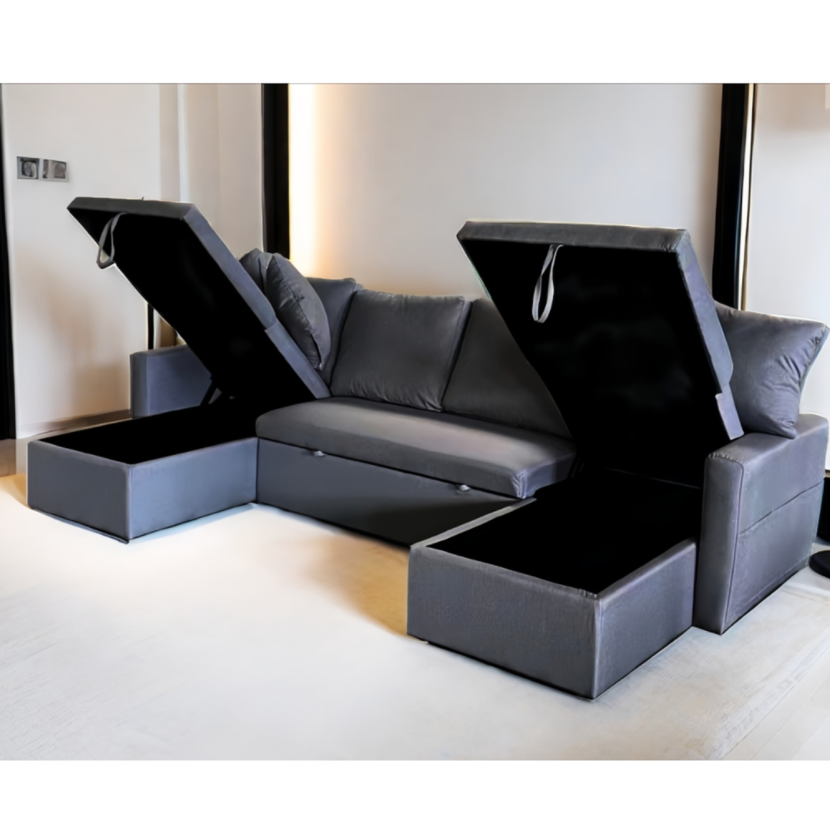CONCEPT USINE Canapé panoramique convertible avec coffre 4 places en tissu - gris foncé MAHÉ