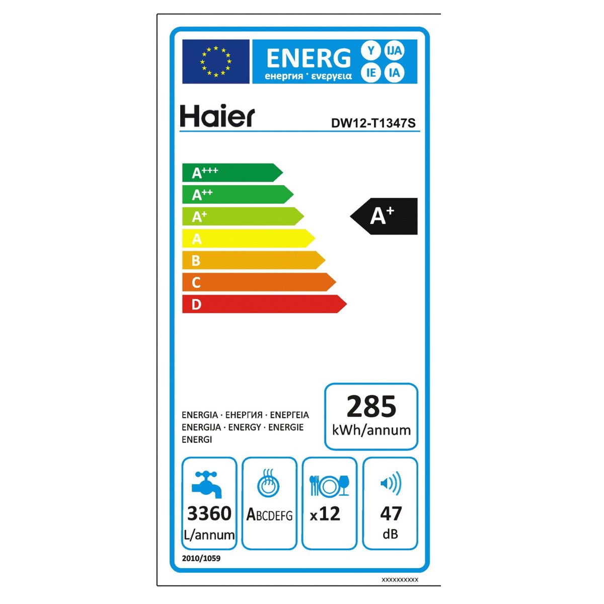 HAIER Lave-vaisselle DW12-T1347S, 12 Couverts, 47 dB, 6 Programmes, Pose libre
