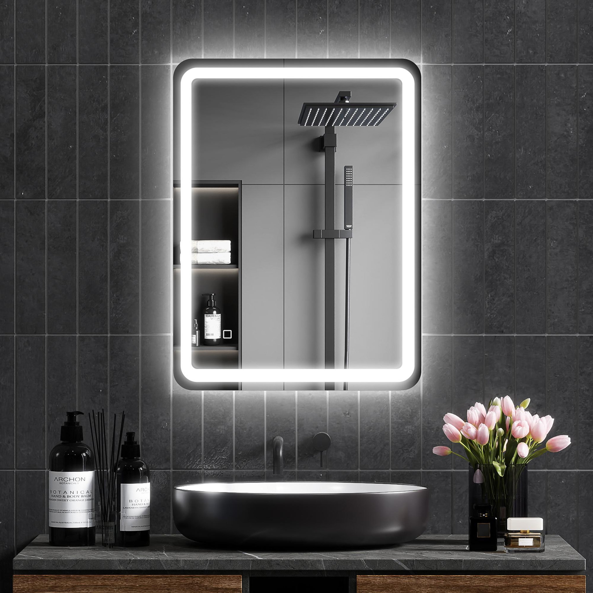 Voir la diapositive 2 : HOMCOM Miroir led salle de bain réglable 34w antibué tactile dim. 60l x 80h cm