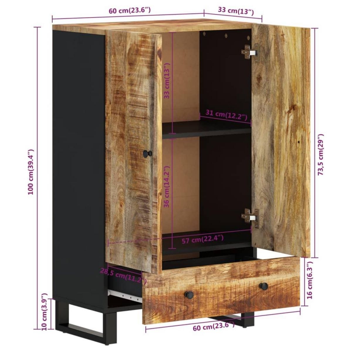 VIDAXL Buffet haut avec tiroir 60x33x100cm bois massif manguier et fer