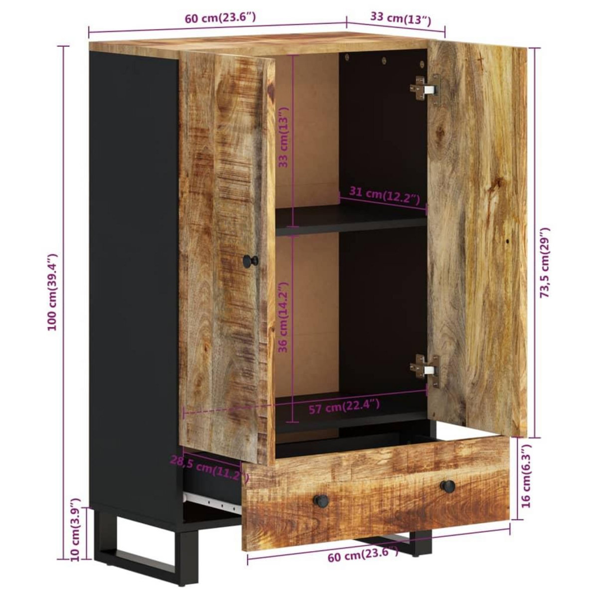 VIDAXL Buffet haut avec tiroir 60x33x100cm bois massif manguier et fer