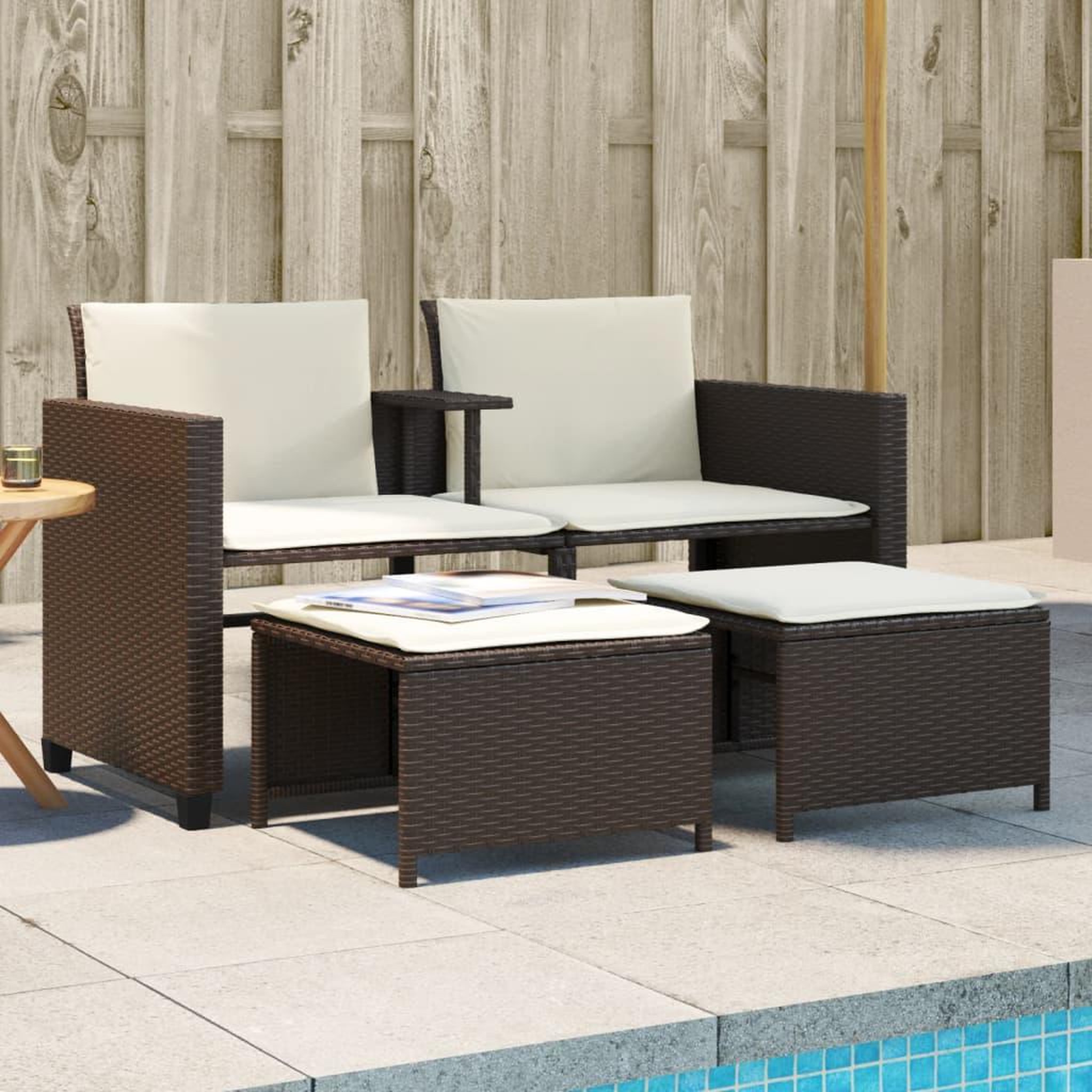 VIDAXL Canape de jardin 2 places avec table et tabourets marron rotin