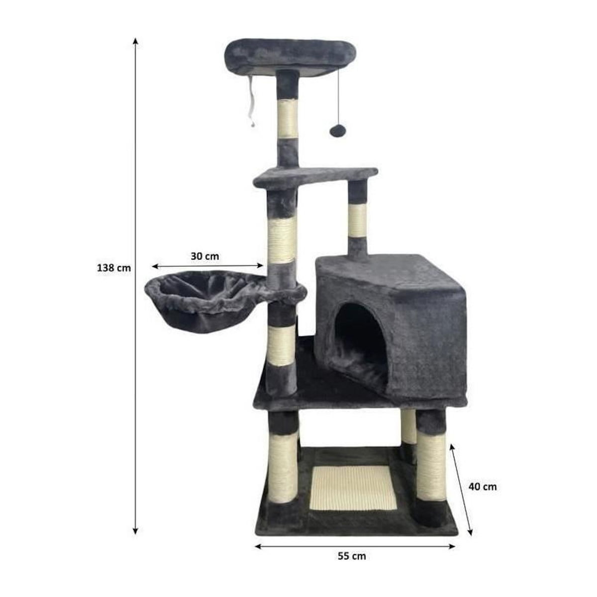 GENERIQUE Arbre a chat - 55 x 40 x 138 cm - Gris foncé - 3 plateformes, 1 perchoir, 1 niche, poteaux a griffer