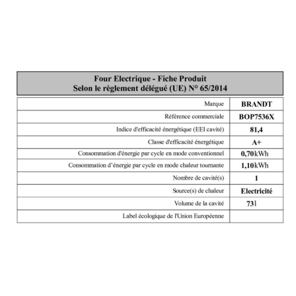 BRANDT Four intégrable multifonction 73l 60cm pyrolyse - bop7536x