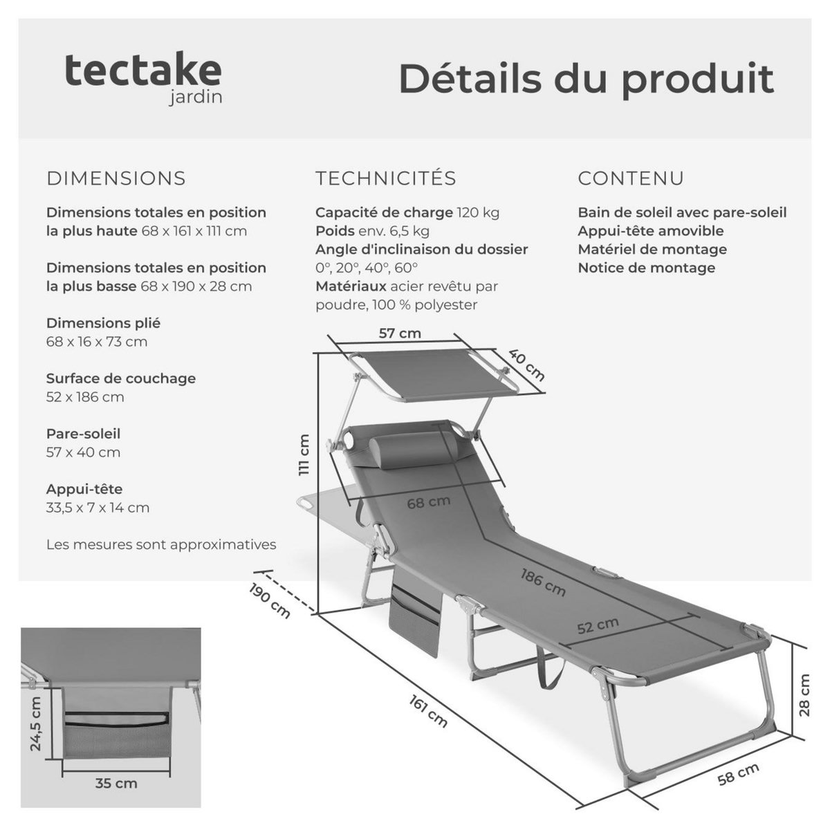 tectake Bain de soleil pliable gris