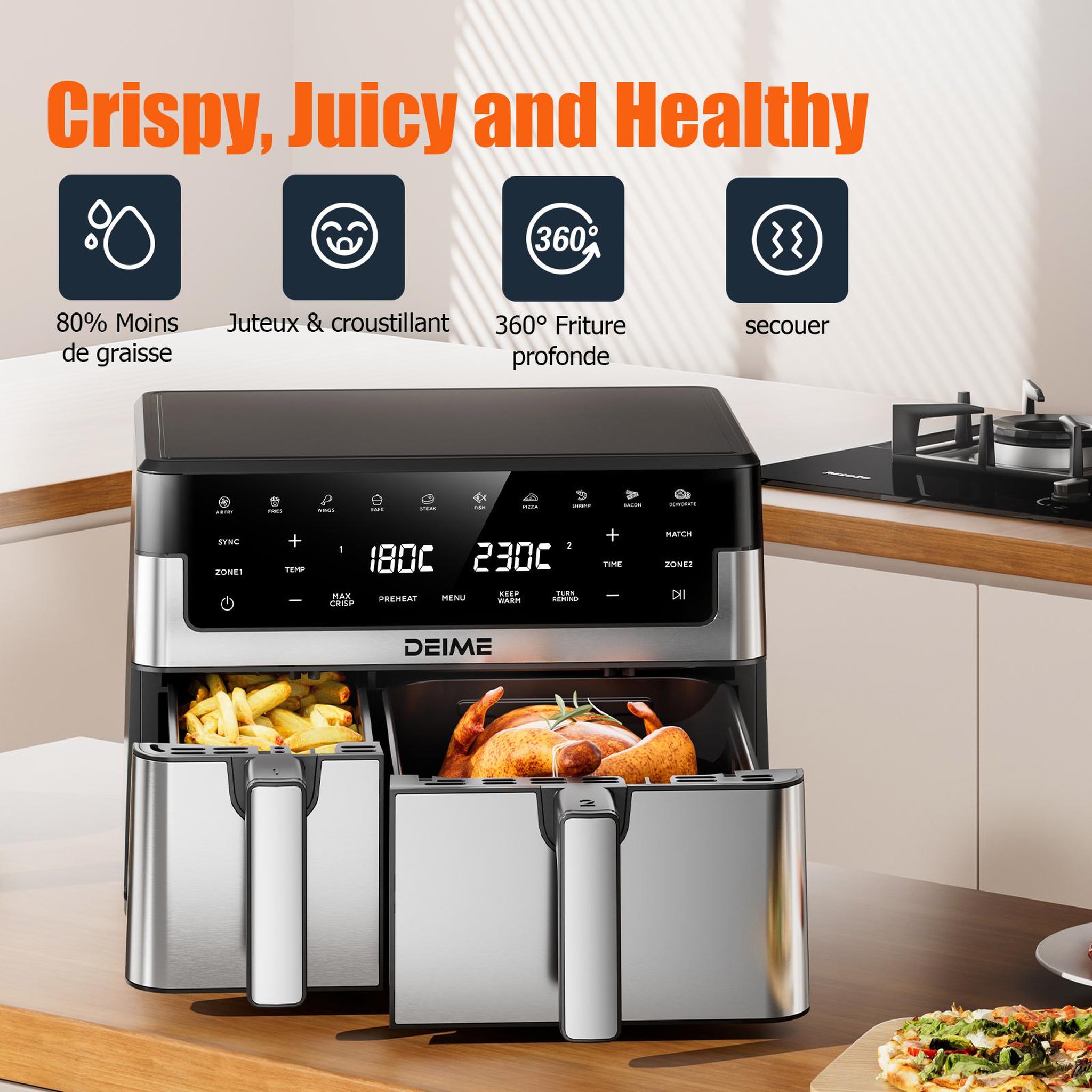 Voir la diapositive 5 : DEIME DEIME - Airfryer  10 l 2800 w 10 programmes avec fenêtre de cuisson – inox