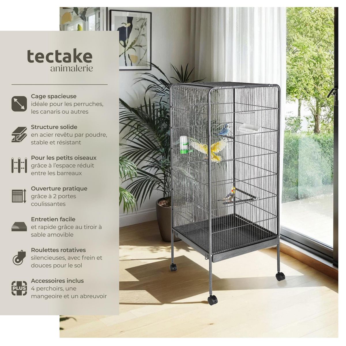 tectake Cage à oiseaux en finition martelée gris anthracite