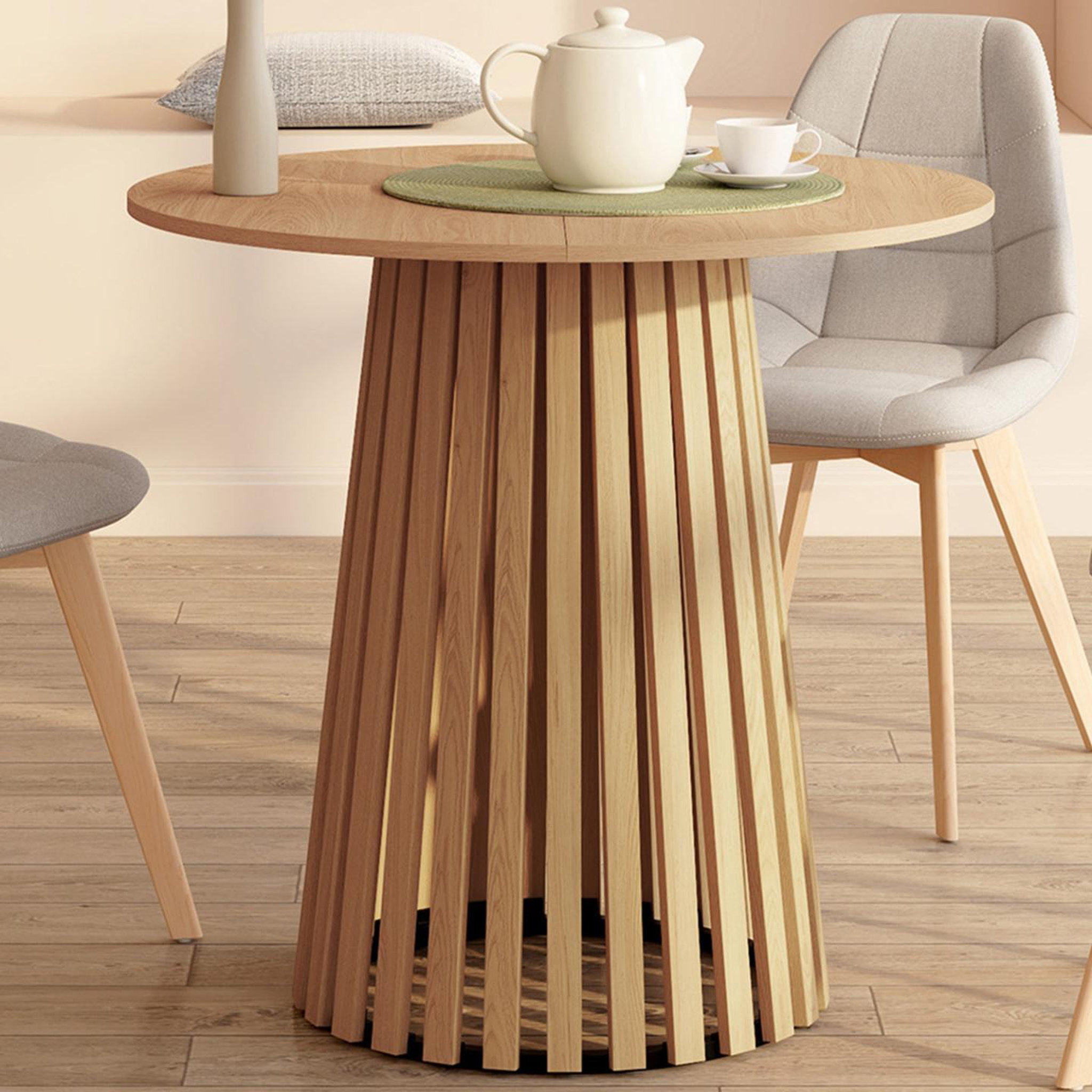 Voir la diapositive 2 : ID MARKET Table à manger ronde carmen 4 personnes pied bois en lattes et plateau bois 80 cm