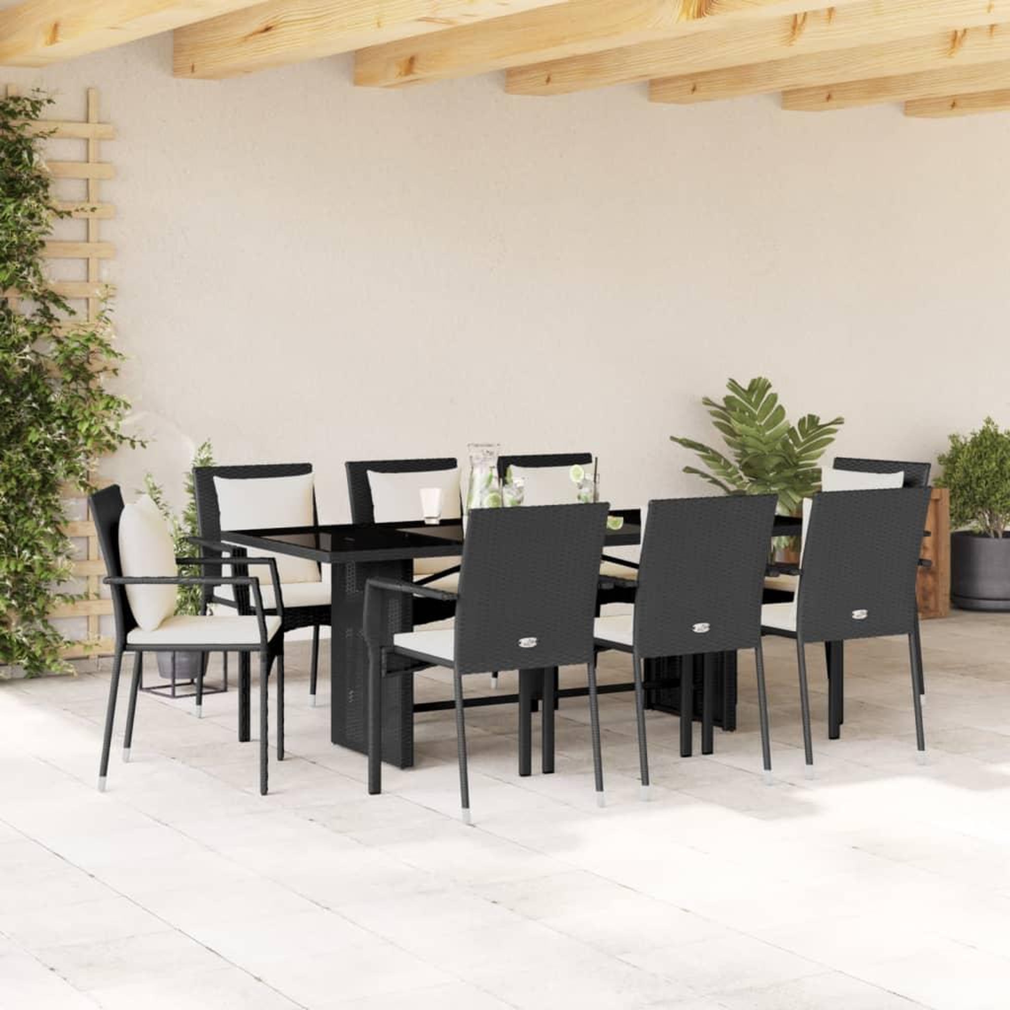 VIDAXL Ensemble a manger de jardin 9pcs coussins noir resine tressee