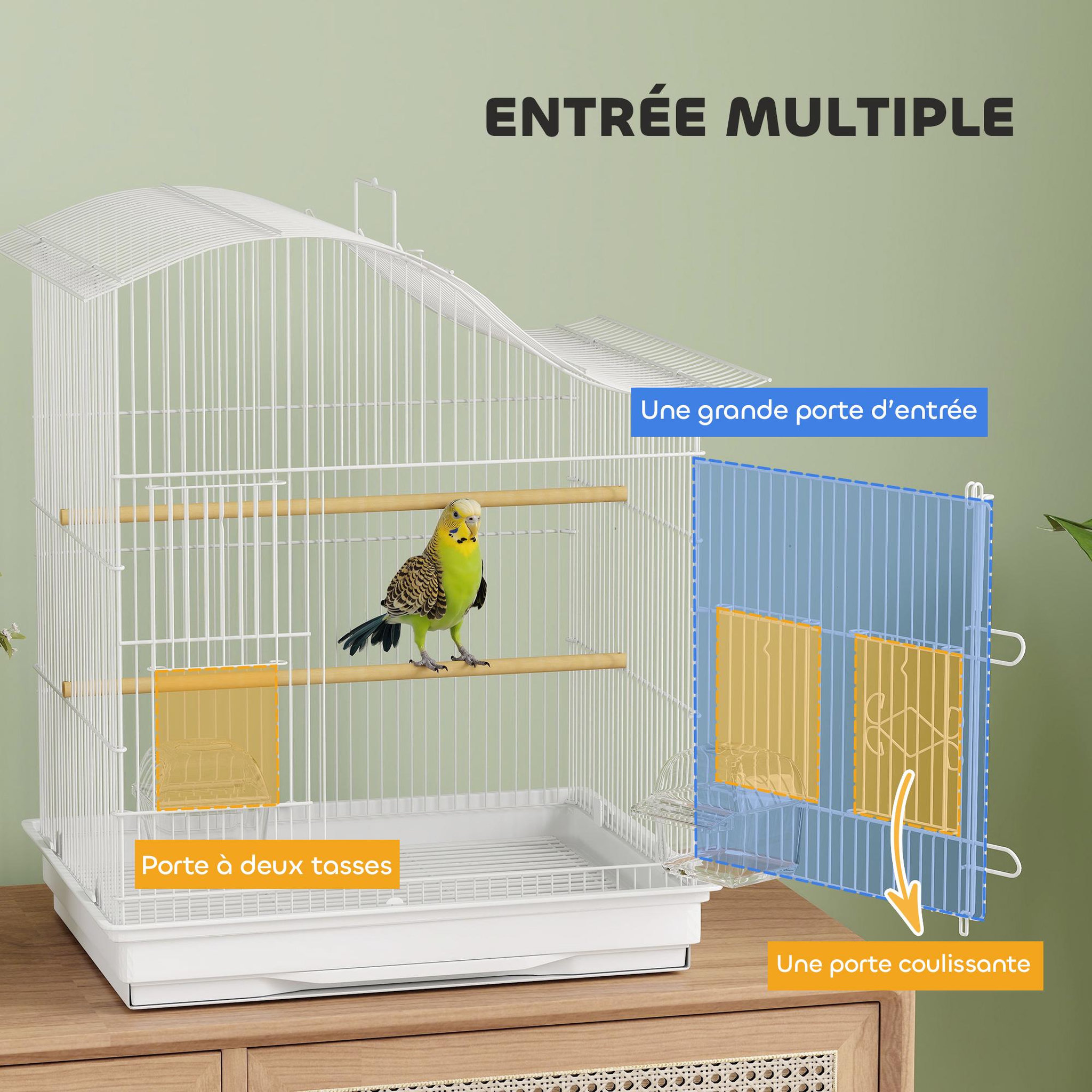 Voir la diapositive 5 : PAWHUT Cage à oiseau 4 portes 2 perchoirs 2 mangeoires plateau coulissant poignée blanc