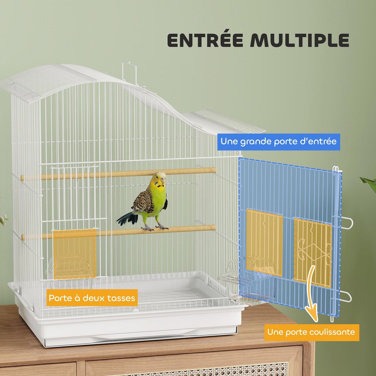 PAWHUT Cage à oiseau 4 portes 2 perchoirs 2 mangeoires plateau coulissant poignée blanc