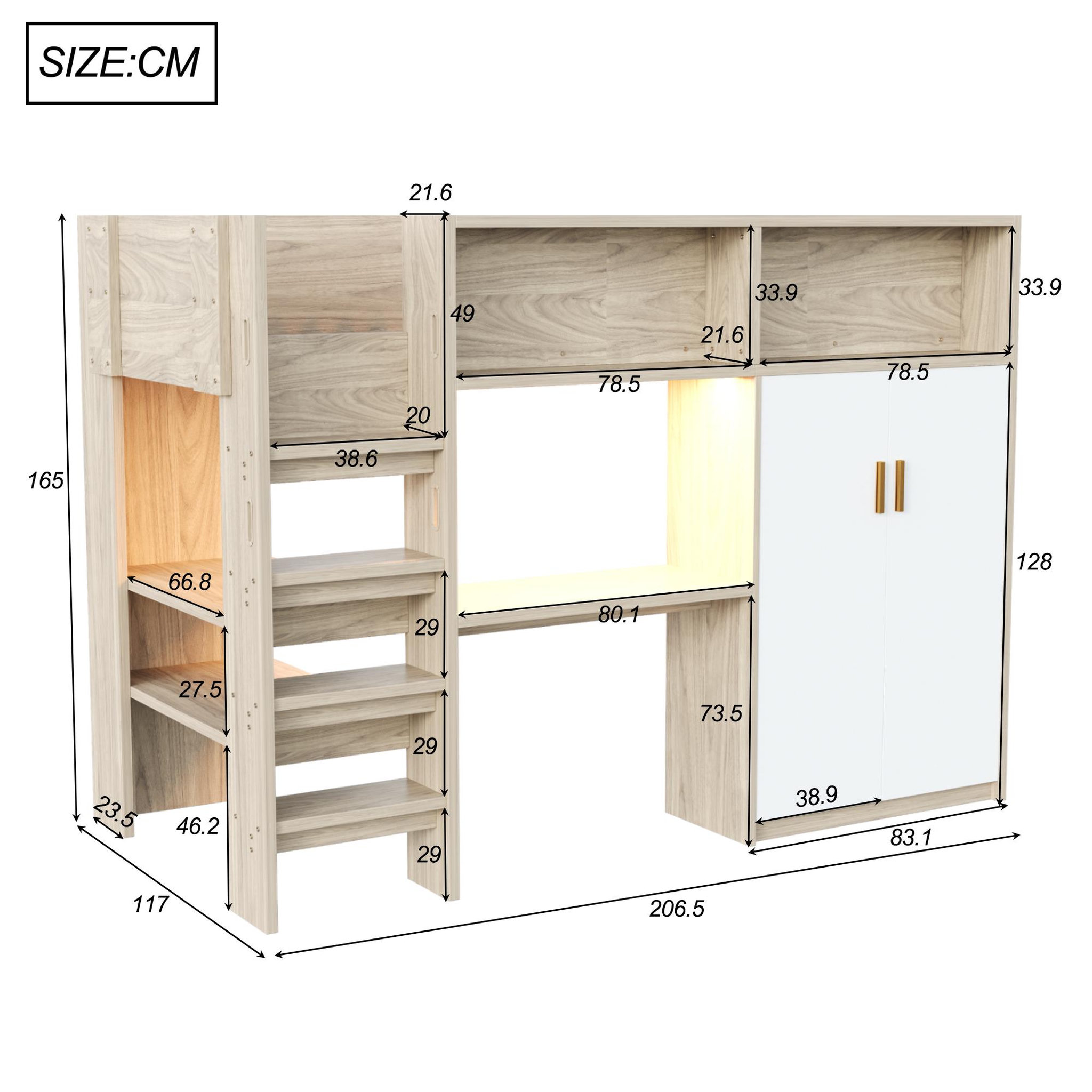 Voir la diapositive 3 : MERAX Lit mezzanine 90x200 cm coloris naturel led mdf