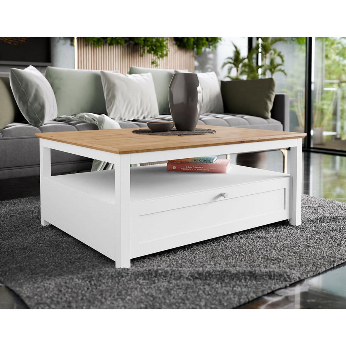 BEST MOBILIER Francesco - table basse - effet bois et blanc - 1 tiroir et 1 niche - 104 cm