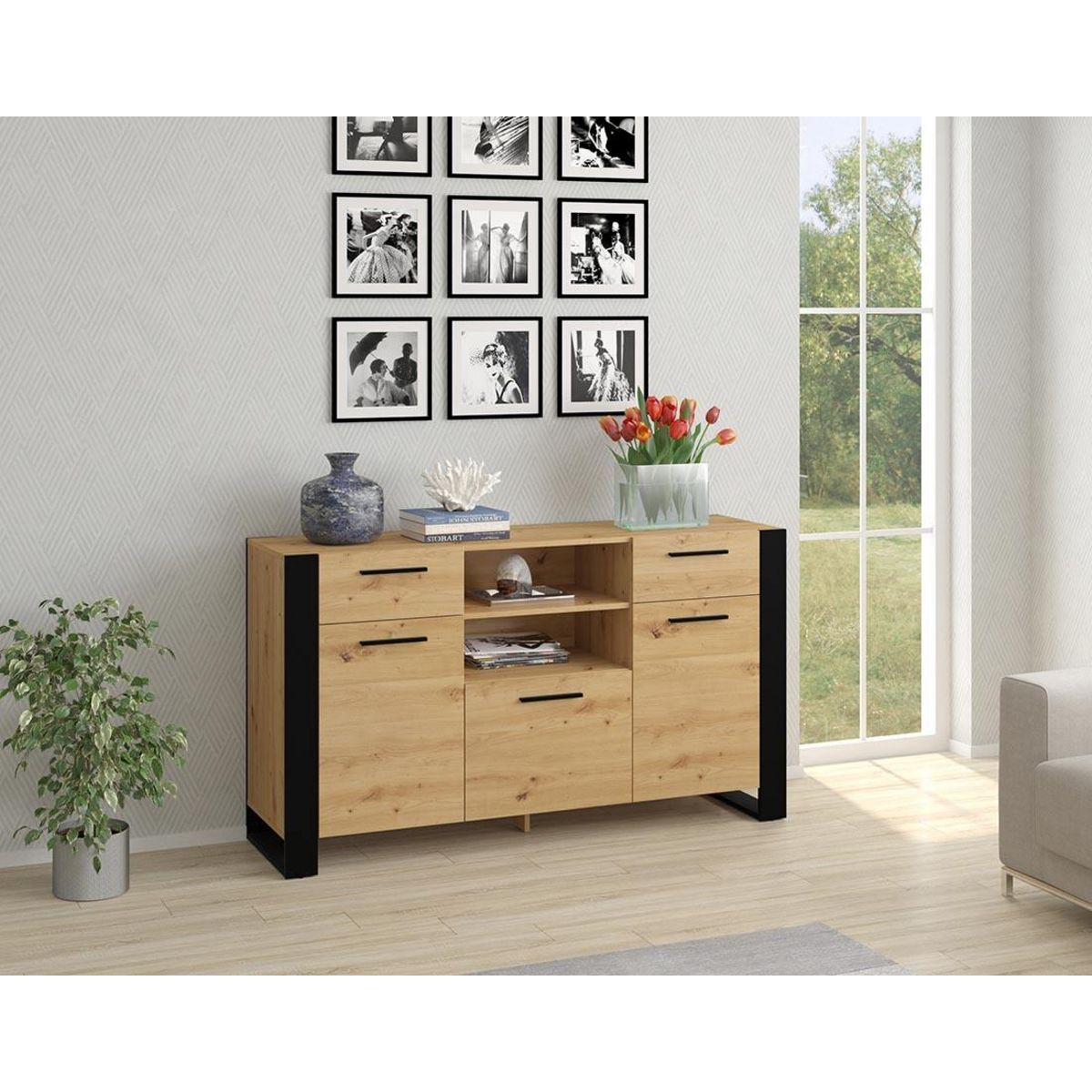BEST MOBILIER Donnely - buffet bas - effet bois et noir - 155 cm