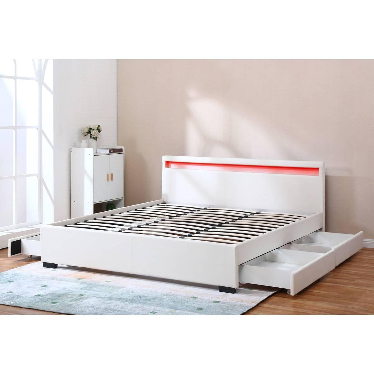 Habitat et Jardin LIT LED double avec 4 tiroirs  Nico  - 180 x 200 cm - Blanc