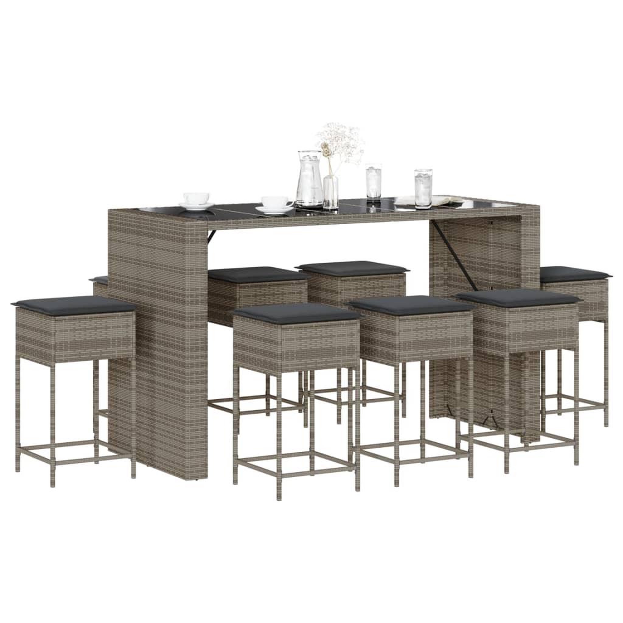VIDAXL Ensemble de bar de jardin 9 pcs avec coussins gris poly rotin