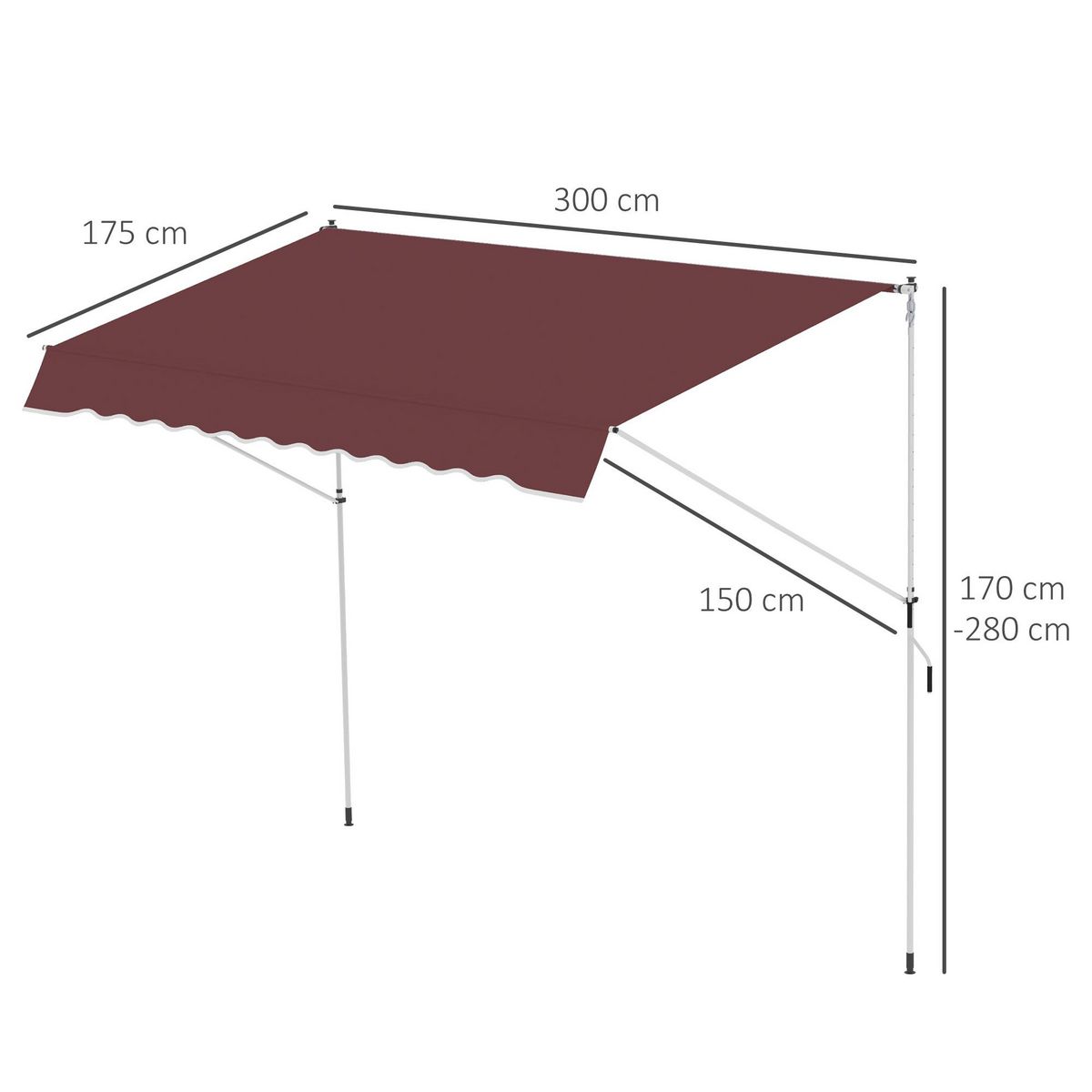 OUTSUNNY Store banne manuel rétractable 3L x 1,5l m inclinaison et hauteur réglable installation rapide métal alu polyester anti-UV bordeaux
