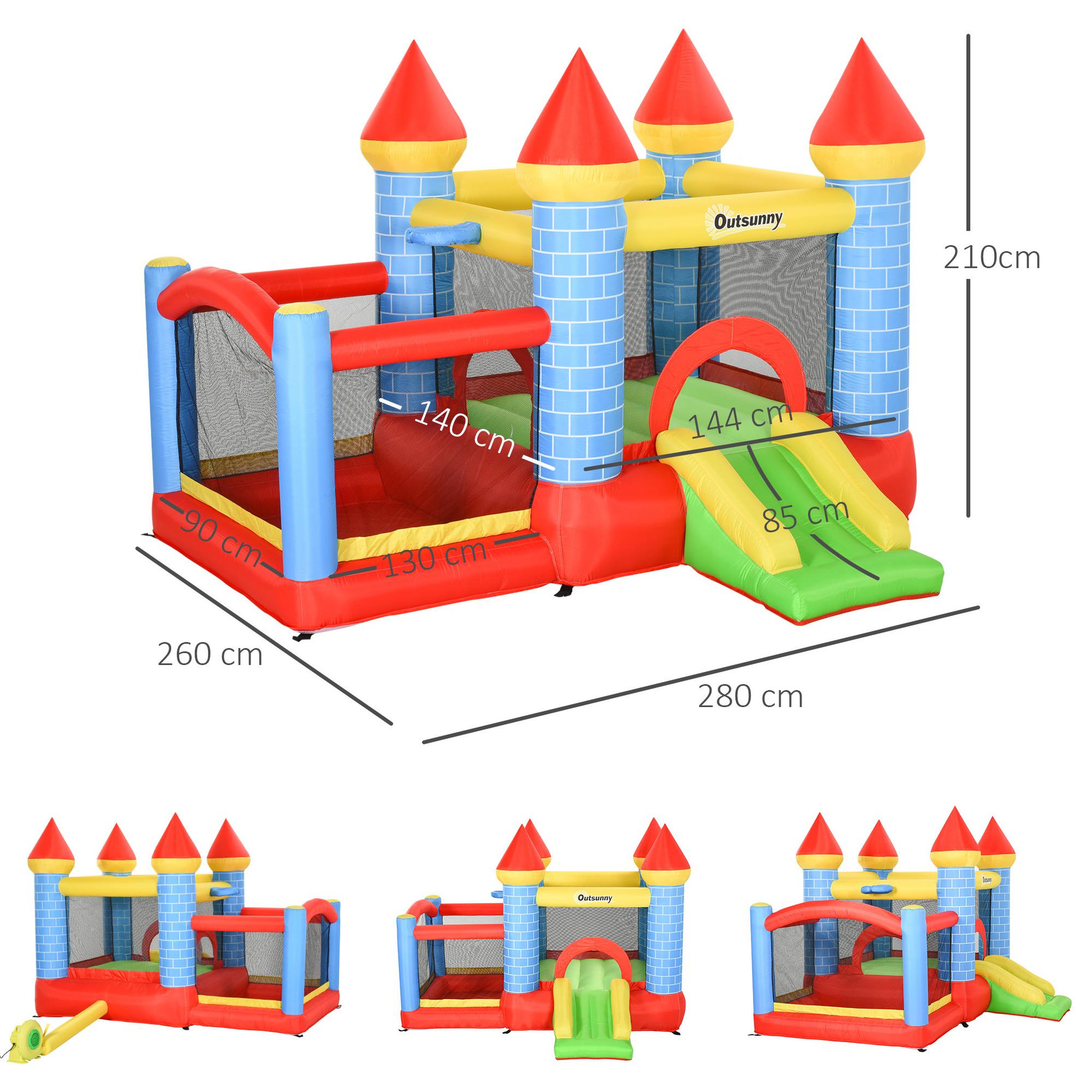Voir la diapositive 3 : OUTSUNNY Château gonflable enfant - toboggan, trampoline, piscine, panier - gonfleur, sac de transport inclus - dim. 2,8L x 2,6l x 2,1H m - polyester multicolore