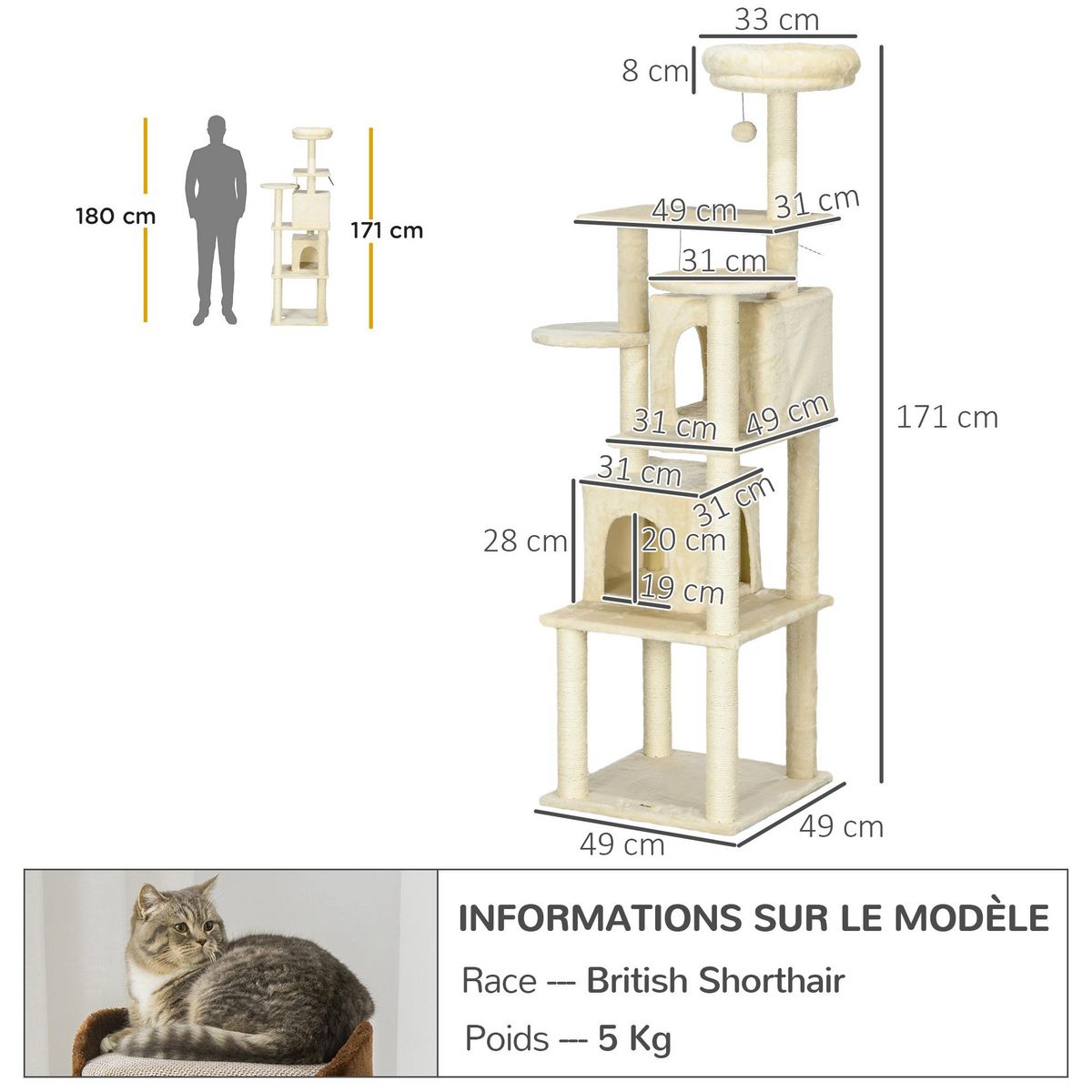 PAWHUT Arbre à chat modulable - griffoirs, 2 niches, 4 plateformes, 2 boules suspendues - peluche douce beige