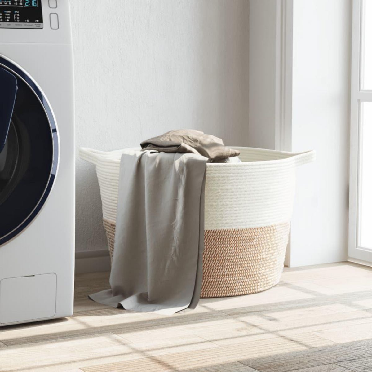 VIDAXL Panier a linge marron et blanc Ø60x36 cm coton